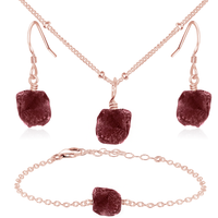 Raw Ruby Crystal Jewellery Set - Raw Ruby Crystal Jewellery Set - 14k Rose Gold Fill / Satellite / Necklace & Earrings & Bracelet - Luna Tide Handmade Crystal Jewellery