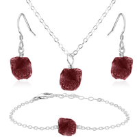 Raw Ruby Crystal Jewellery Set - Raw Ruby Crystal Jewellery Set - Sterling Silver / Cable / Necklace & Earrings & Bracelet - Luna Tide Handmade Crystal Jewellery