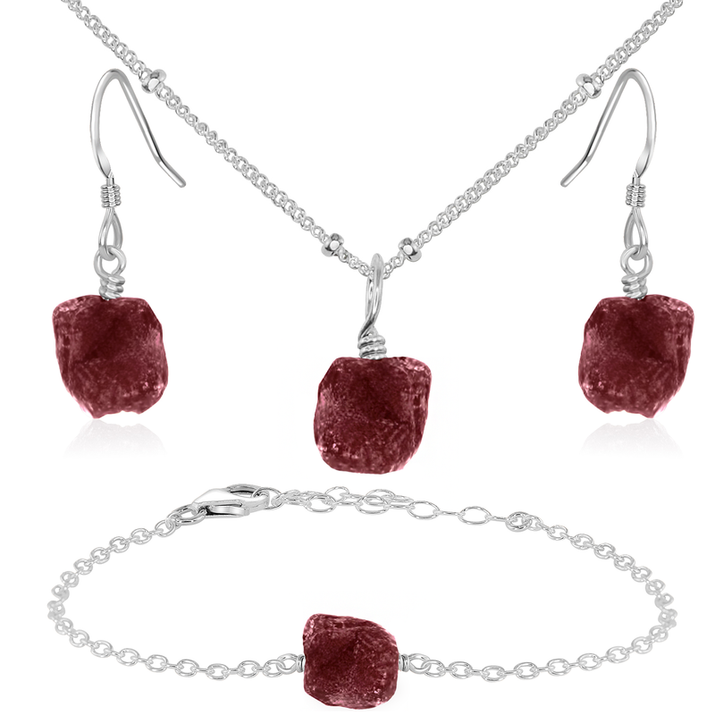 Raw Ruby Crystal Jewellery Set - Raw Ruby Crystal Jewellery Set - Sterling Silver / Satellite / Necklace & Earrings & Bracelet - Luna Tide Handmade Crystal Jewellery