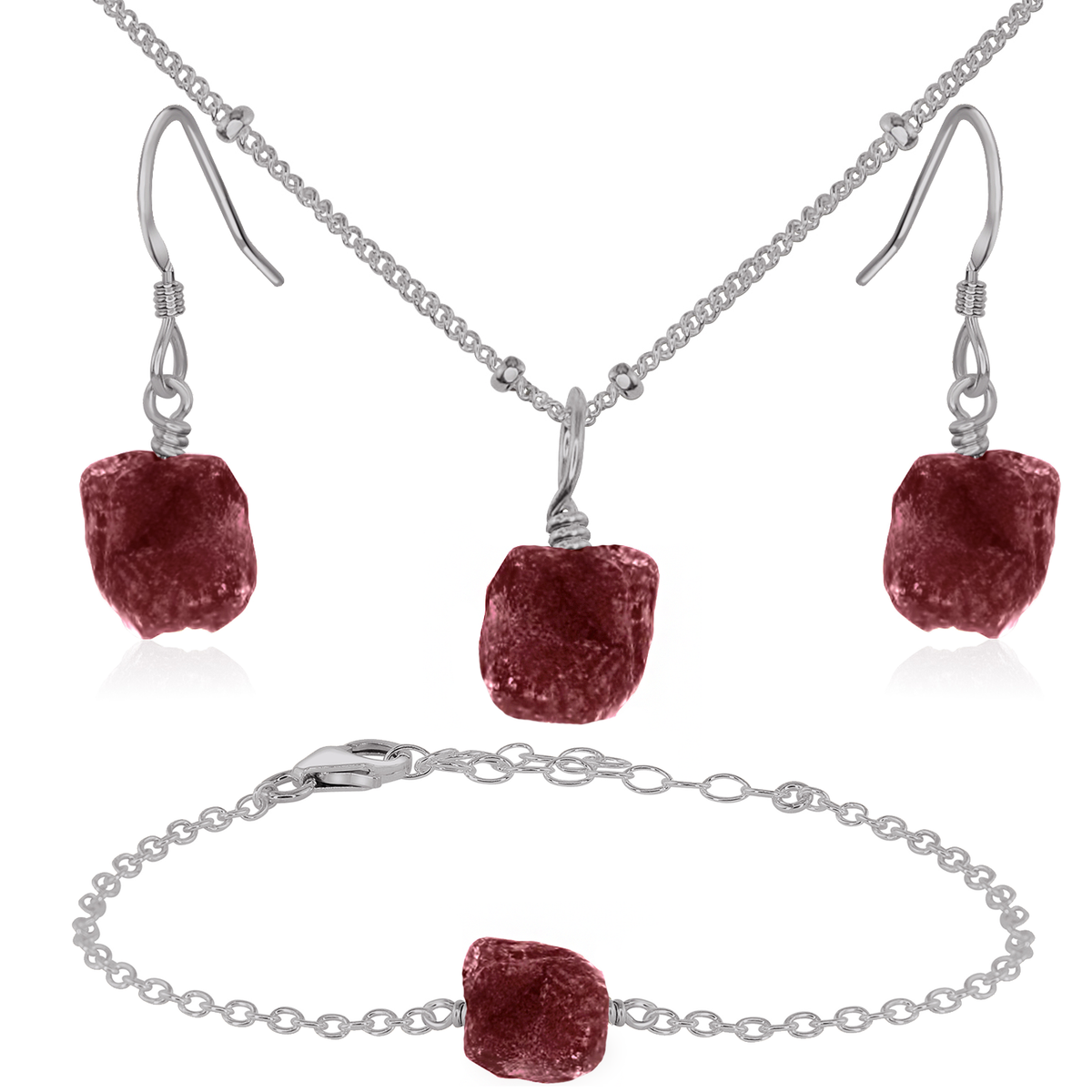 Raw Ruby Crystal Jewellery Set - Raw Ruby Crystal Jewellery Set - Stainless Steel / Satellite / Necklace & Earrings & Bracelet - Luna Tide Handmade Crystal Jewellery