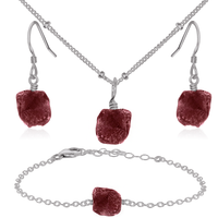 Raw Ruby Crystal Jewellery Set - Raw Ruby Crystal Jewellery Set - Stainless Steel / Satellite / Necklace & Earrings & Bracelet - Luna Tide Handmade Crystal Jewellery
