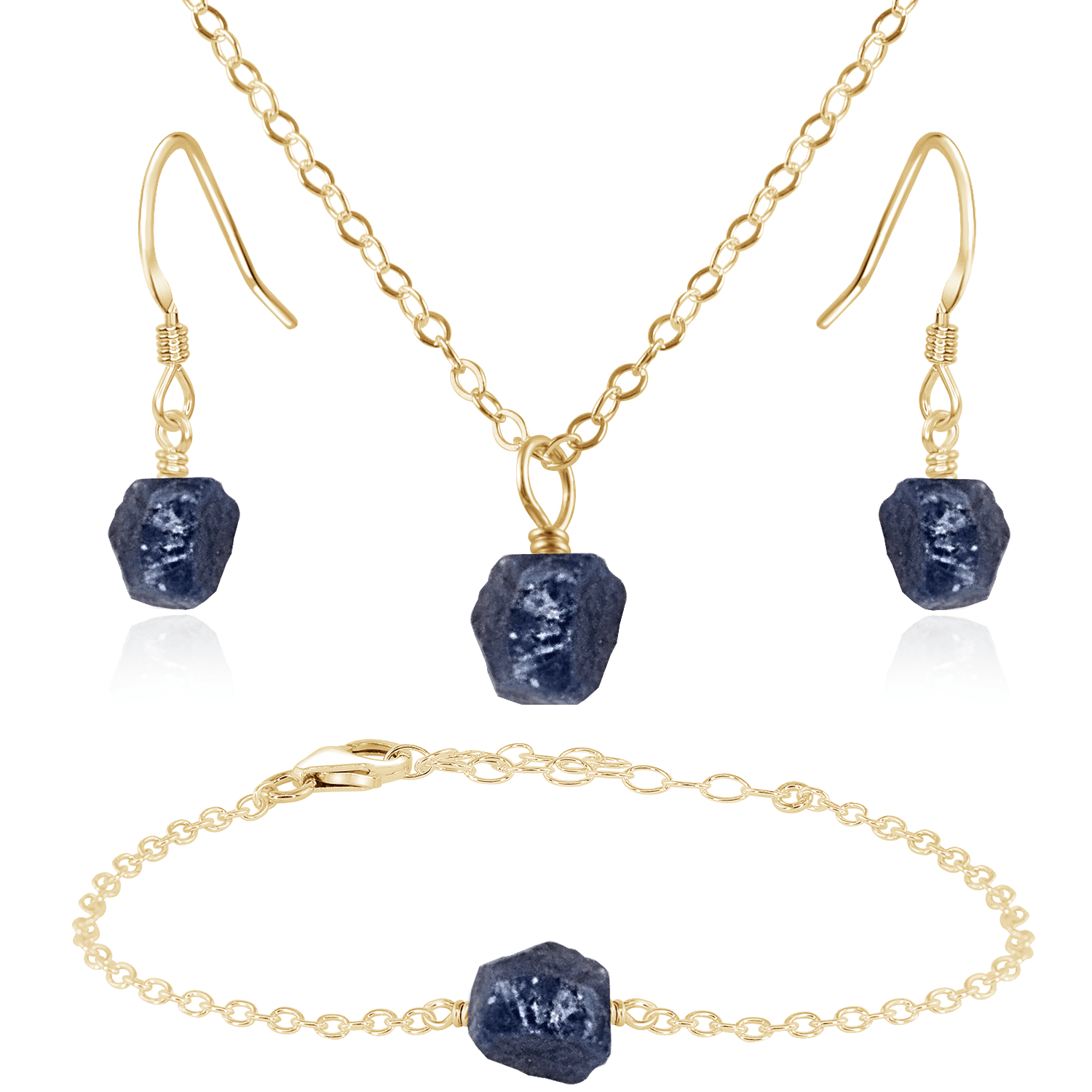 Raw Sapphire Crystal Jewellery Set - Raw Sapphire Crystal Jewellery Set - 14k Gold Fill / Cable / Necklace & Earrings & Bracelet - Luna Tide Handmade Crystal Jewellery