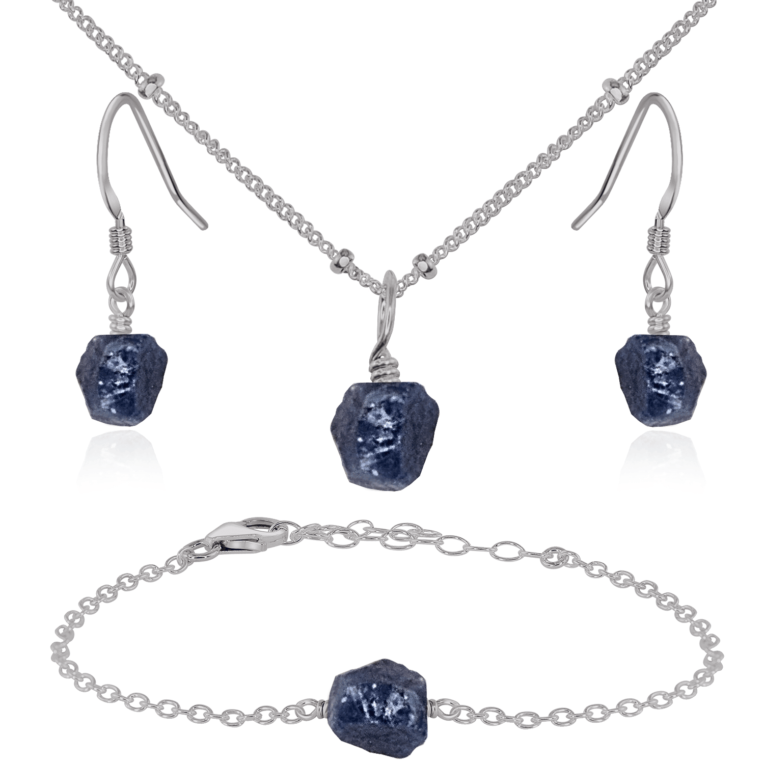 Raw Sapphire Crystal Jewellery Set - Raw Sapphire Crystal Jewellery Set - Stainless Steel / Satellite / Necklace & Earrings & Bracelet - Luna Tide Handmade Crystal Jewellery