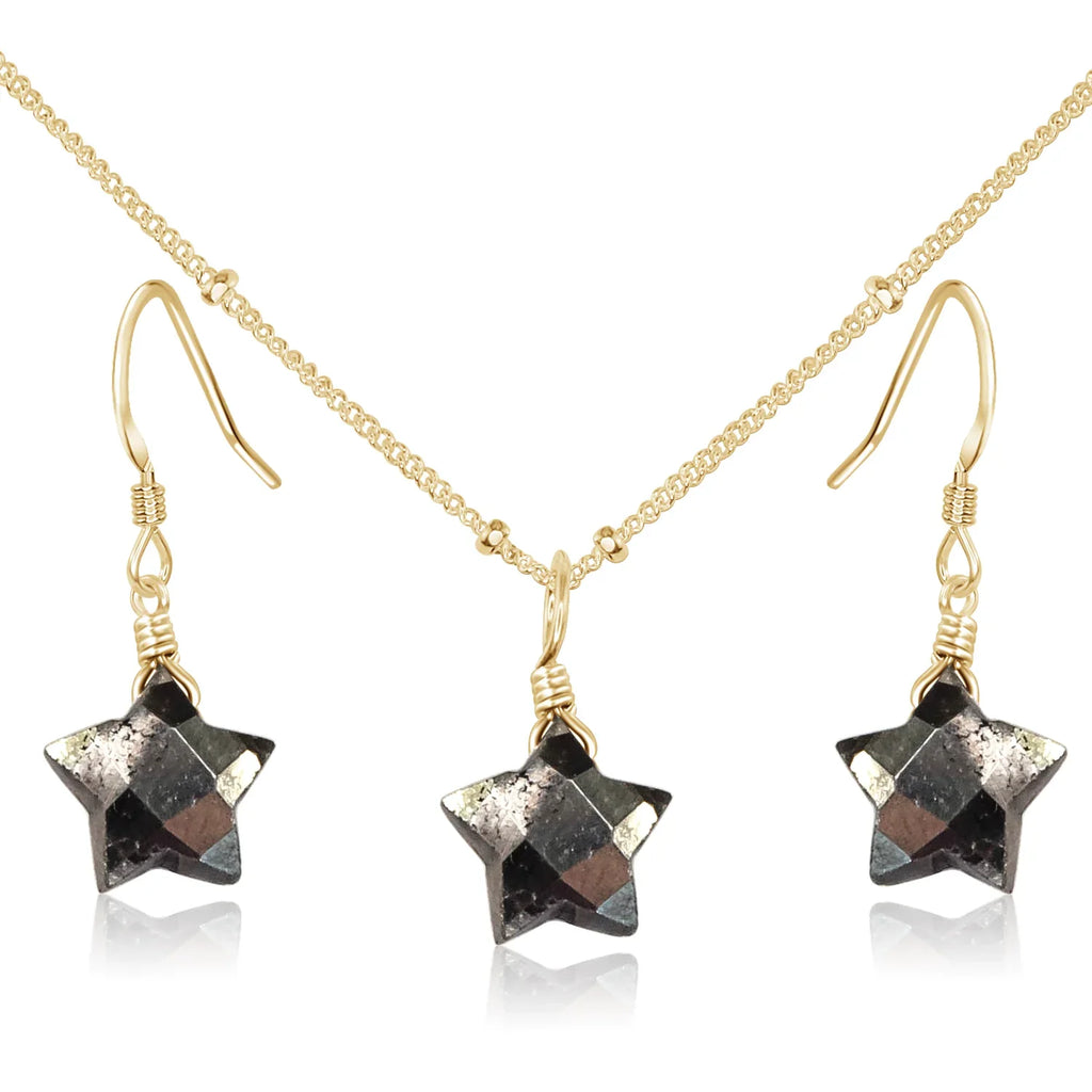 Little Pyrite Crystal Star Jewellery Set - Little Pyrite Crystal Star Jewellery Set - 14k Gold Fill / Satellite / Necklace & Earrings - Luna Tide Handmade Crystal Jewellery