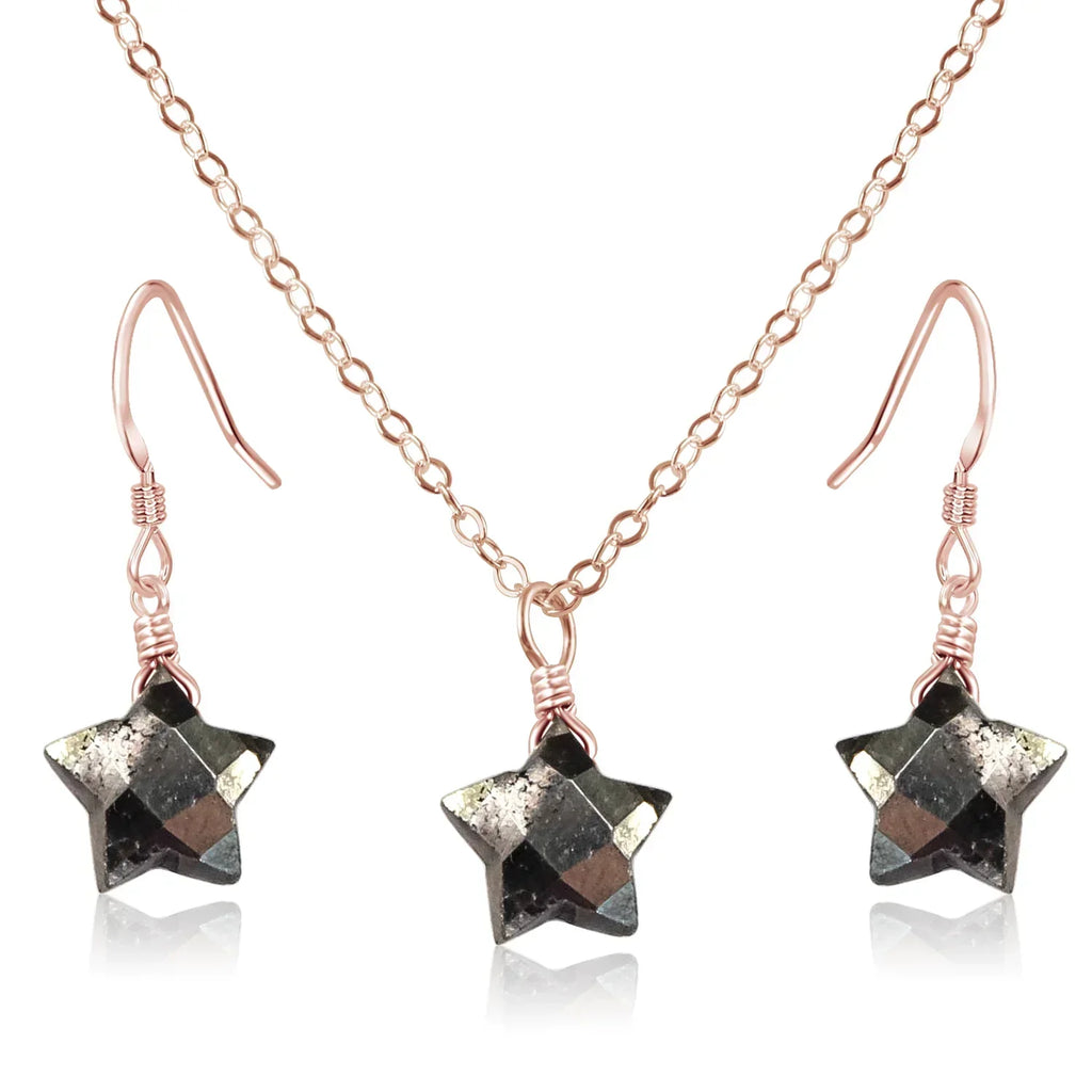 Little Pyrite Crystal Star Jewellery Set - Little Pyrite Crystal Star Jewellery Set - 14k Rose Gold Fill / Cable / Necklace & Earrings - Luna Tide Handmade Crystal Jewellery