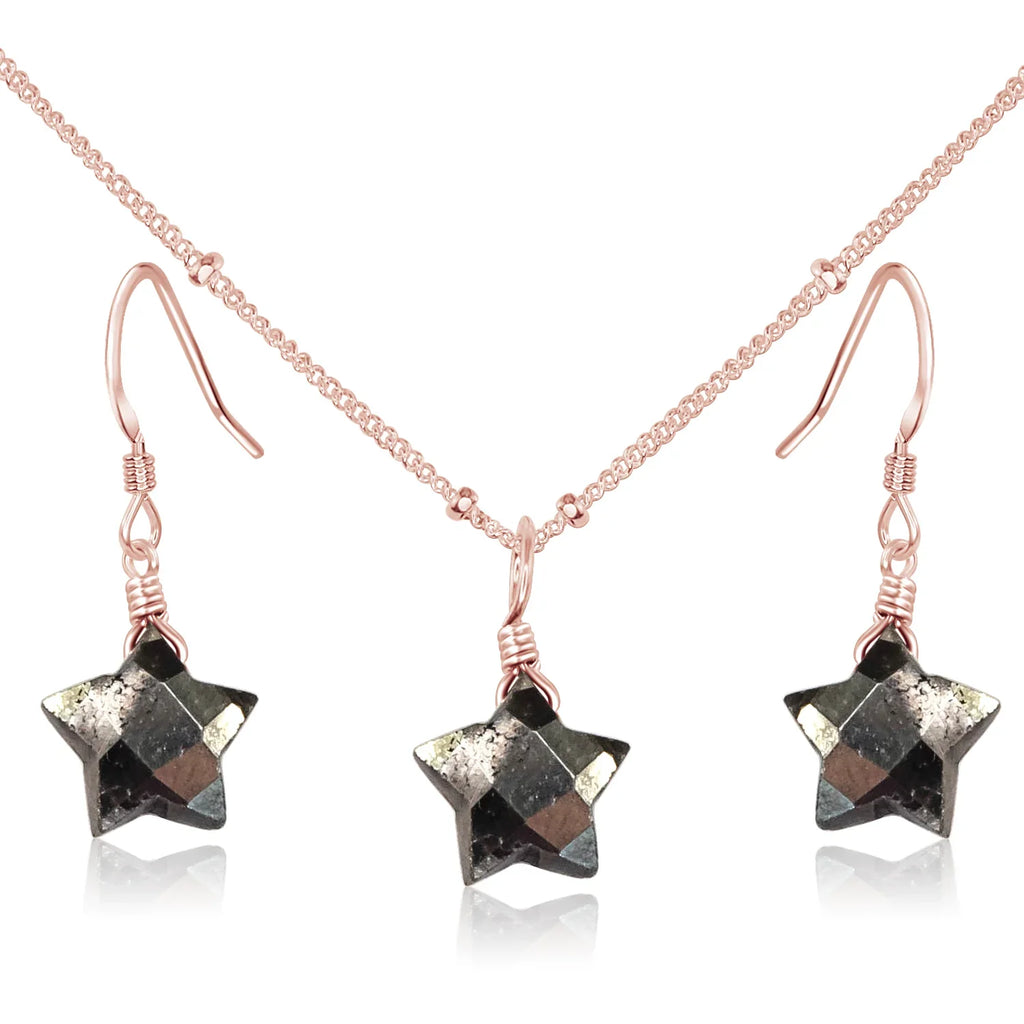 Little Pyrite Crystal Star Jewellery Set - Little Pyrite Crystal Star Jewellery Set - 14k Rose Gold Fill / Satellite / Necklace & Earrings - Luna Tide Handmade Crystal Jewellery