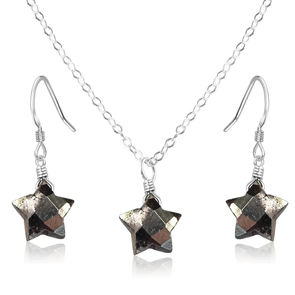 Little Pyrite Crystal Star Jewellery Set - Little Pyrite Crystal Star Jewellery Set - Sterling Silver / Cable / Necklace & Earrings - Luna Tide Handmade Crystal Jewellery