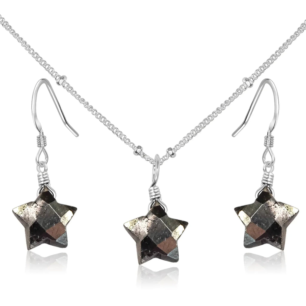 Little Pyrite Crystal Star Jewellery Set - Little Pyrite Crystal Star Jewellery Set - Sterling Silver / Satellite / Necklace & Earrings - Luna Tide Handmade Crystal Jewellery
