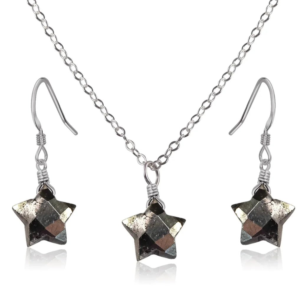Little Pyrite Crystal Star Jewellery Set - Little Pyrite Crystal Star Jewellery Set - Stainless Steel / Cable / Necklace & Earrings - Luna Tide Handmade Crystal Jewellery