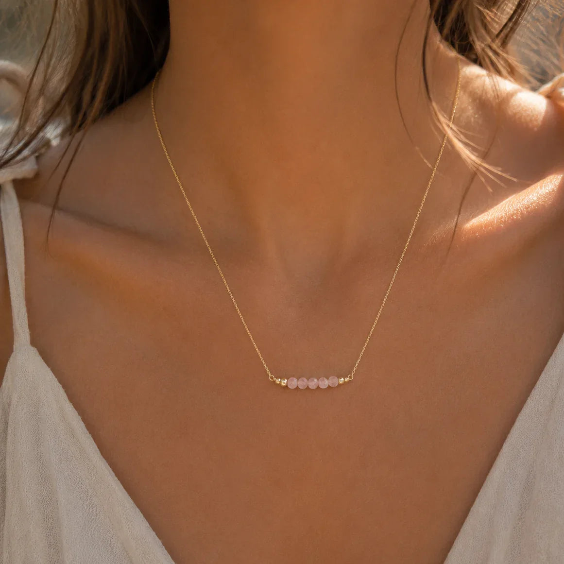 Sparkling Pink Rose Quartz Faceted Bead Bar Necklace
