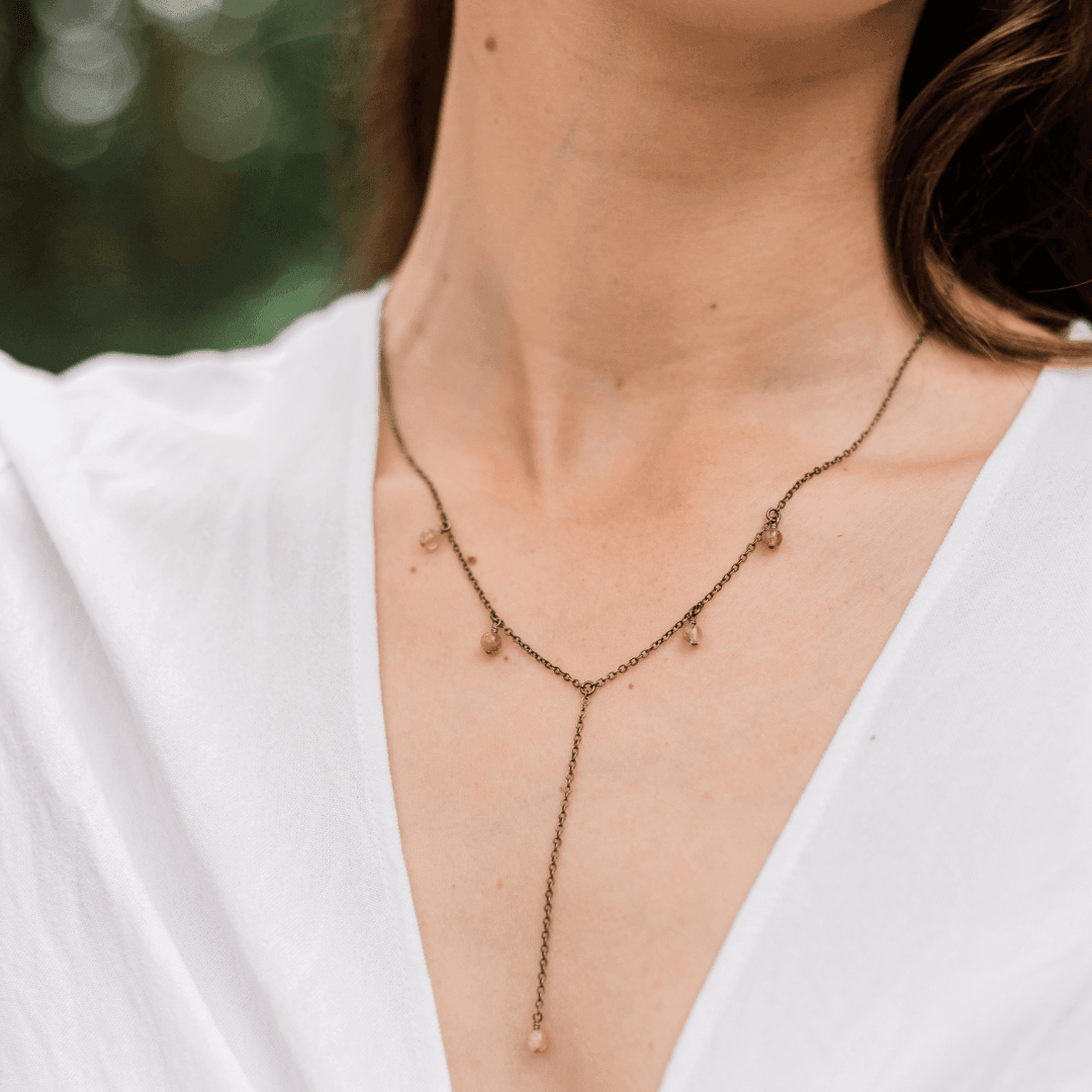 Bronze Sunstone Gemstone Bead Drop Lariat Y Necklace