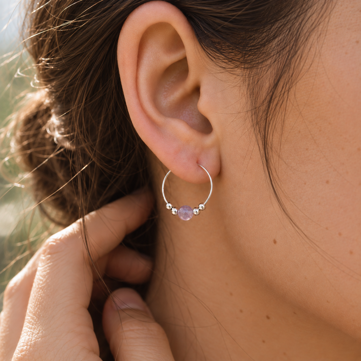 Tiny Pink Amethyst Gemstone Bead Hoop Earrings
