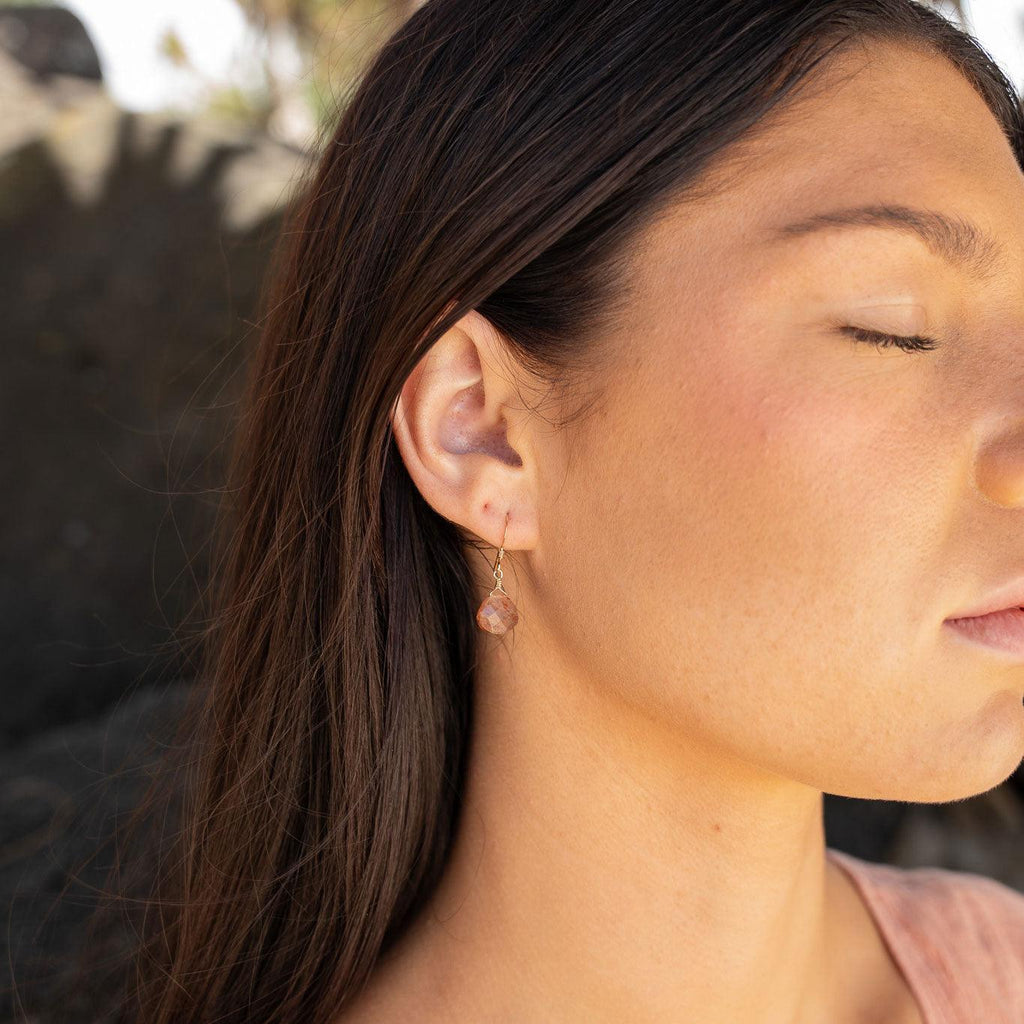 Sunstone Gemstone Teardrop Dangle Earrings - Sunstone Gemstone Teardrop Dangle Earrings - 14k Gold Fill - Luna Tide Handmade Crystal Jewellery
