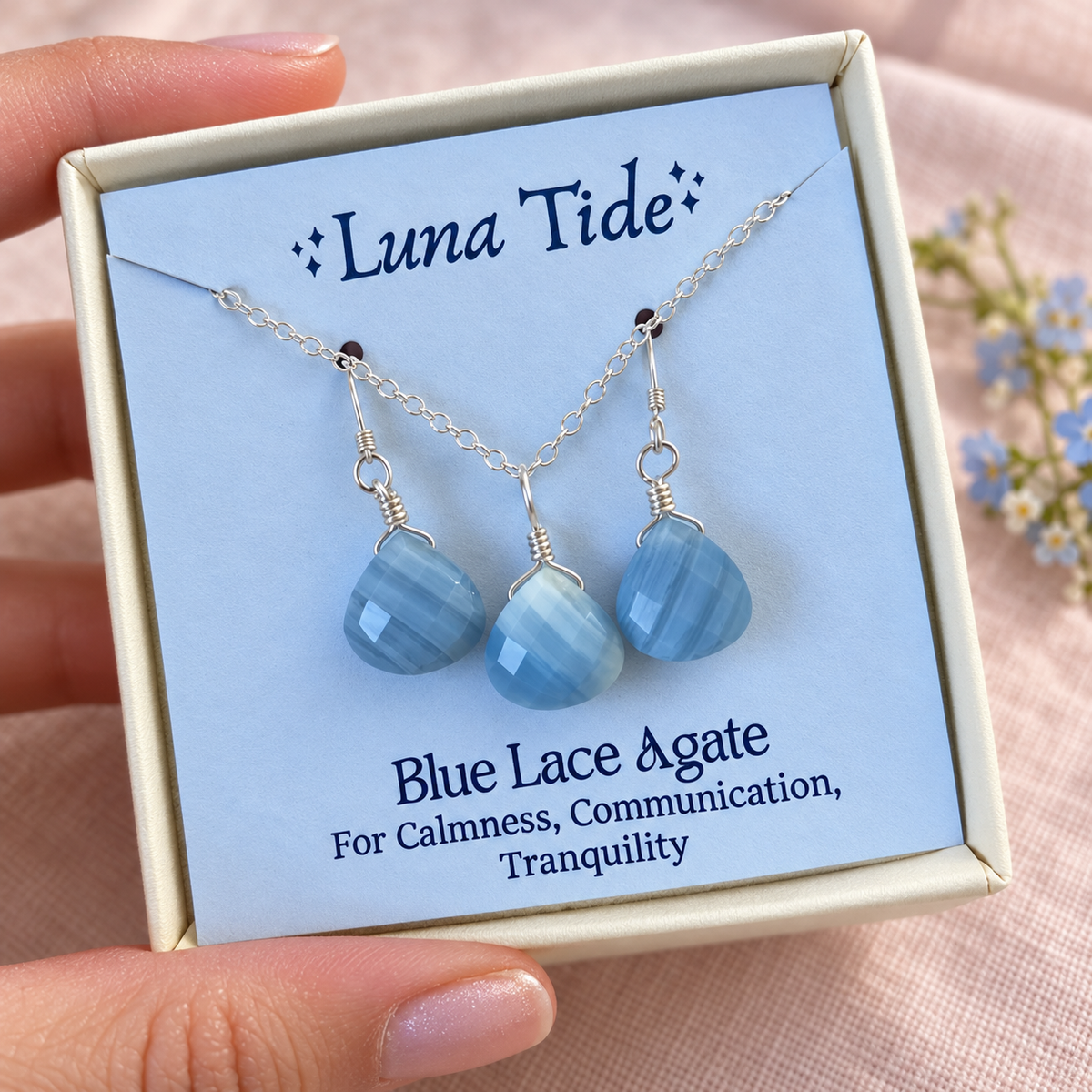 Blue Lace Agate Tiny Teardrop Earrings & Necklace Set