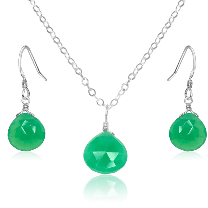 Chrysoprase Tiny Teardrop Earrings & Necklace Set - Chrysoprase Tiny Teardrop Earrings & Necklace Set - Sterling Silver / Cable - Luna Tide Handmade Crystal Jewellery