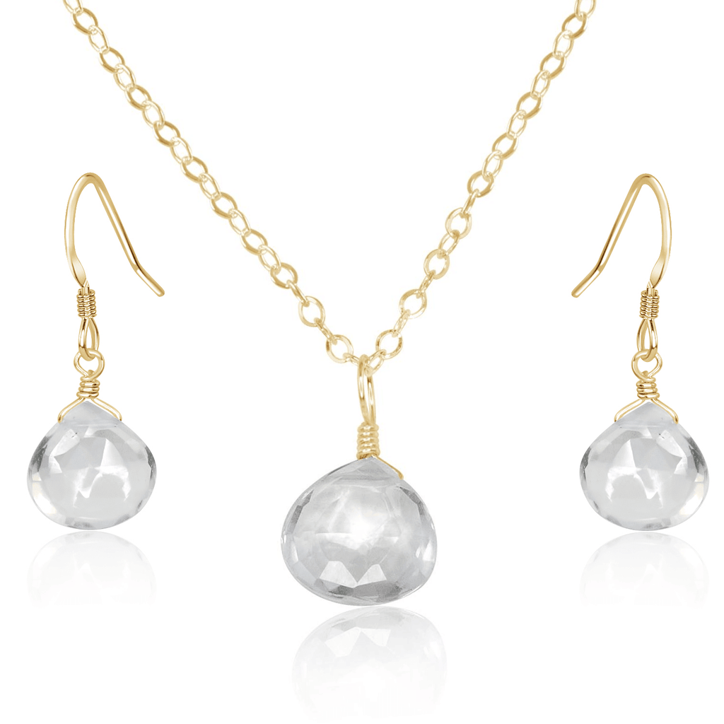 Crystal Quartz Tiny Teardrop Earrings & Necklace Set - Crystal Quartz Tiny Teardrop Earrings & Necklace Set - 14k Gold Fill / Cable - Luna Tide Handmade Crystal Jewellery