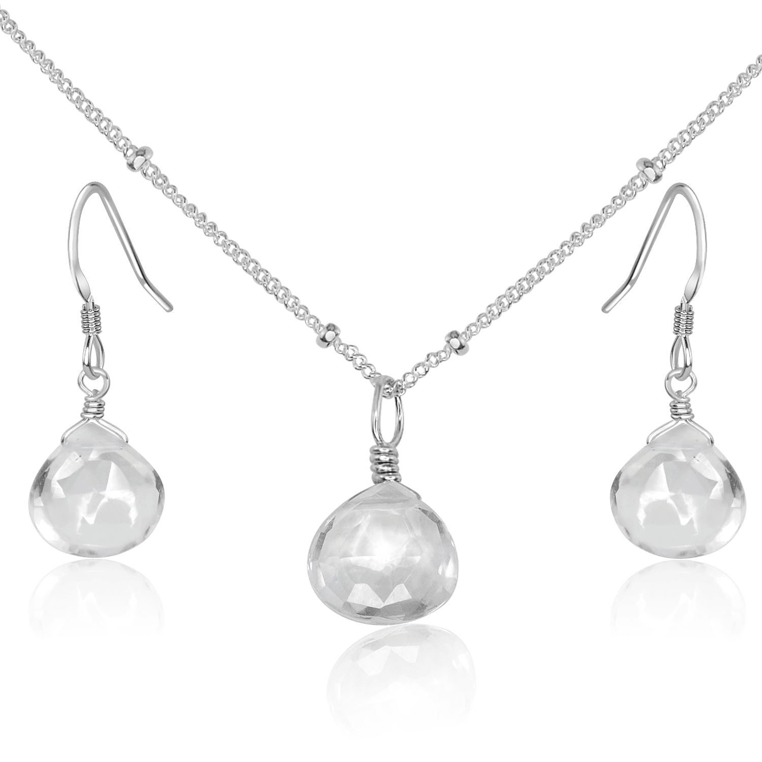 Crystal Quartz Tiny Teardrop Earrings & Necklace Set - Crystal Quartz Tiny Teardrop Earrings & Necklace Set - Sterling Silver / Satellite - Luna Tide Handmade Crystal Jewellery