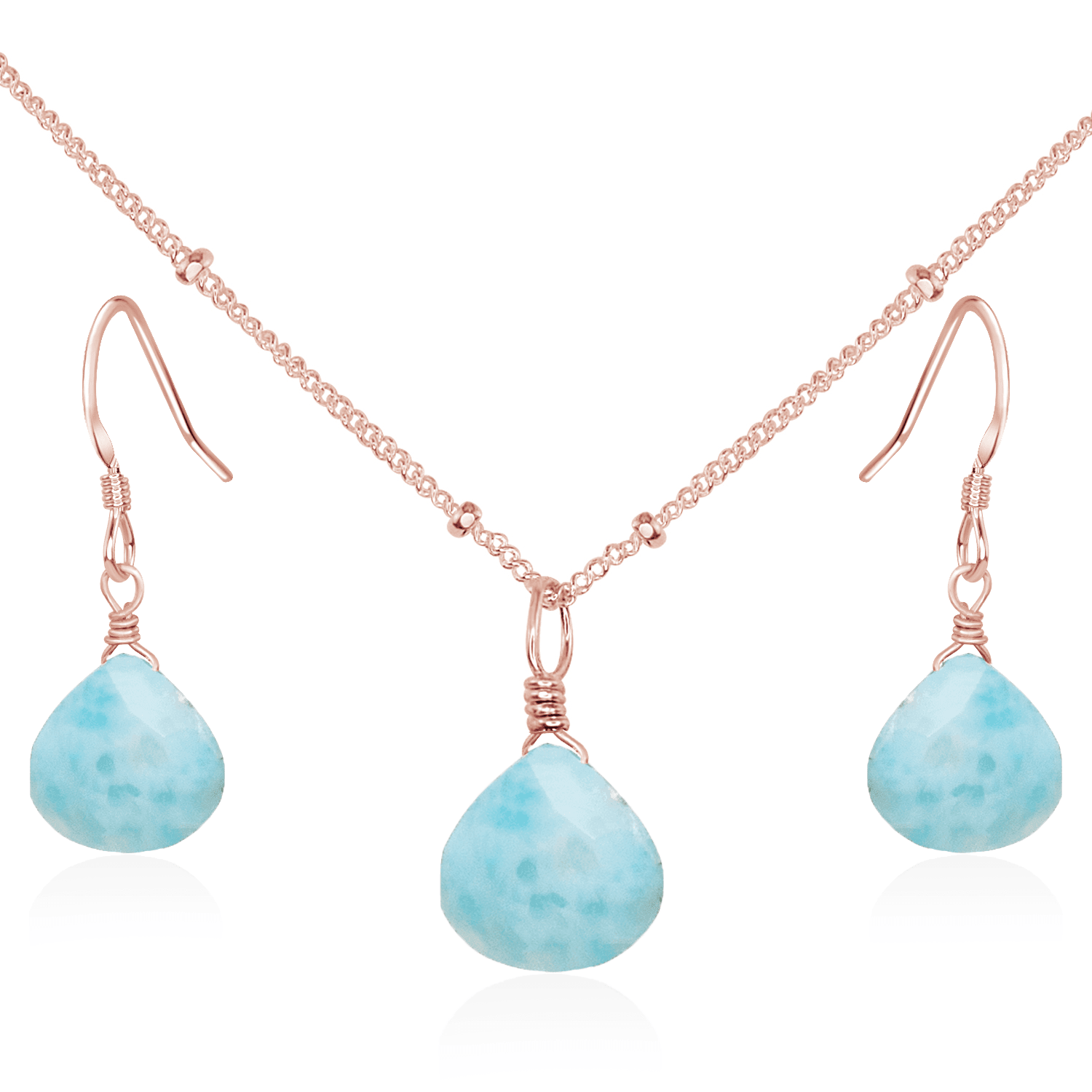Larimar Tiny Teardrop Earrings & Necklace Set - Larimar Tiny Teardrop Earrings & Necklace Set - 14k Rose Gold Fill / Satellite - Luna Tide Handmade Crystal Jewellery