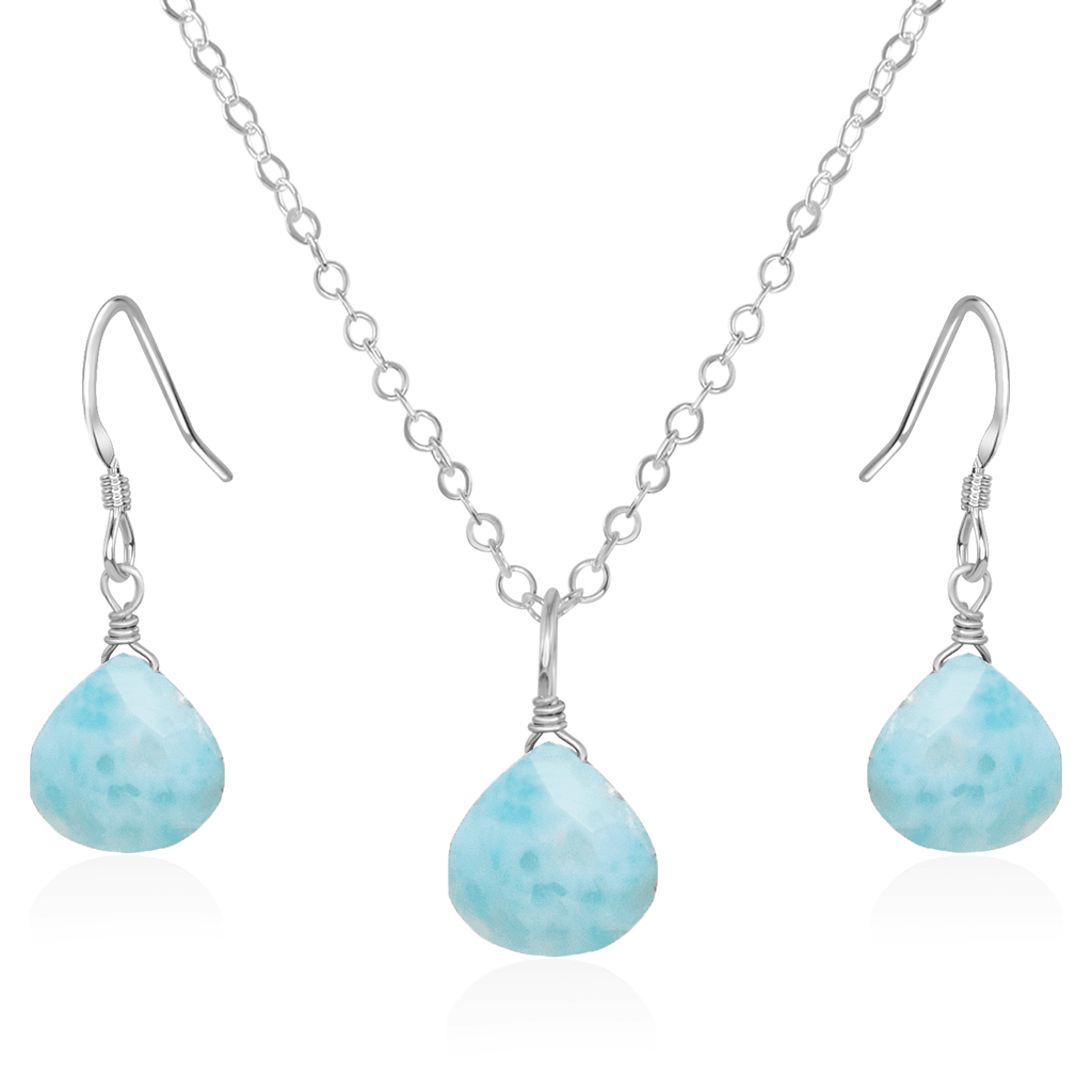 Larimar Tiny Teardrop Earrings & Necklace Set - Larimar Tiny Teardrop Earrings & Necklace Set - Sterling Silver / Cable - Luna Tide Handmade Crystal Jewellery