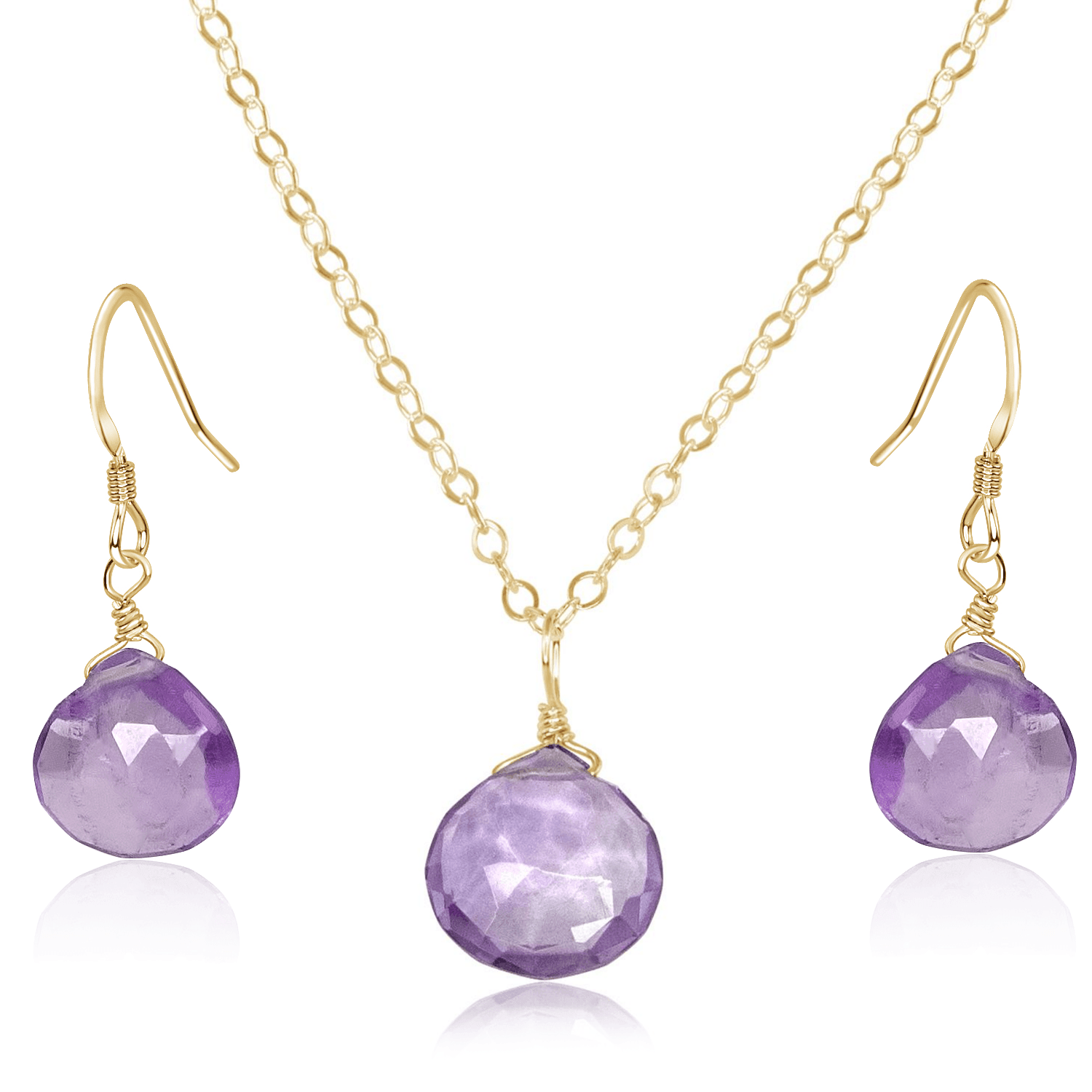 Pink Amethyst Tiny Teardrop Earrings & Necklace Set - Pink Amethyst Tiny Teardrop Earrings & Necklace Set - 14k Gold Fill / Cable - Luna Tide Handmade Crystal Jewellery
