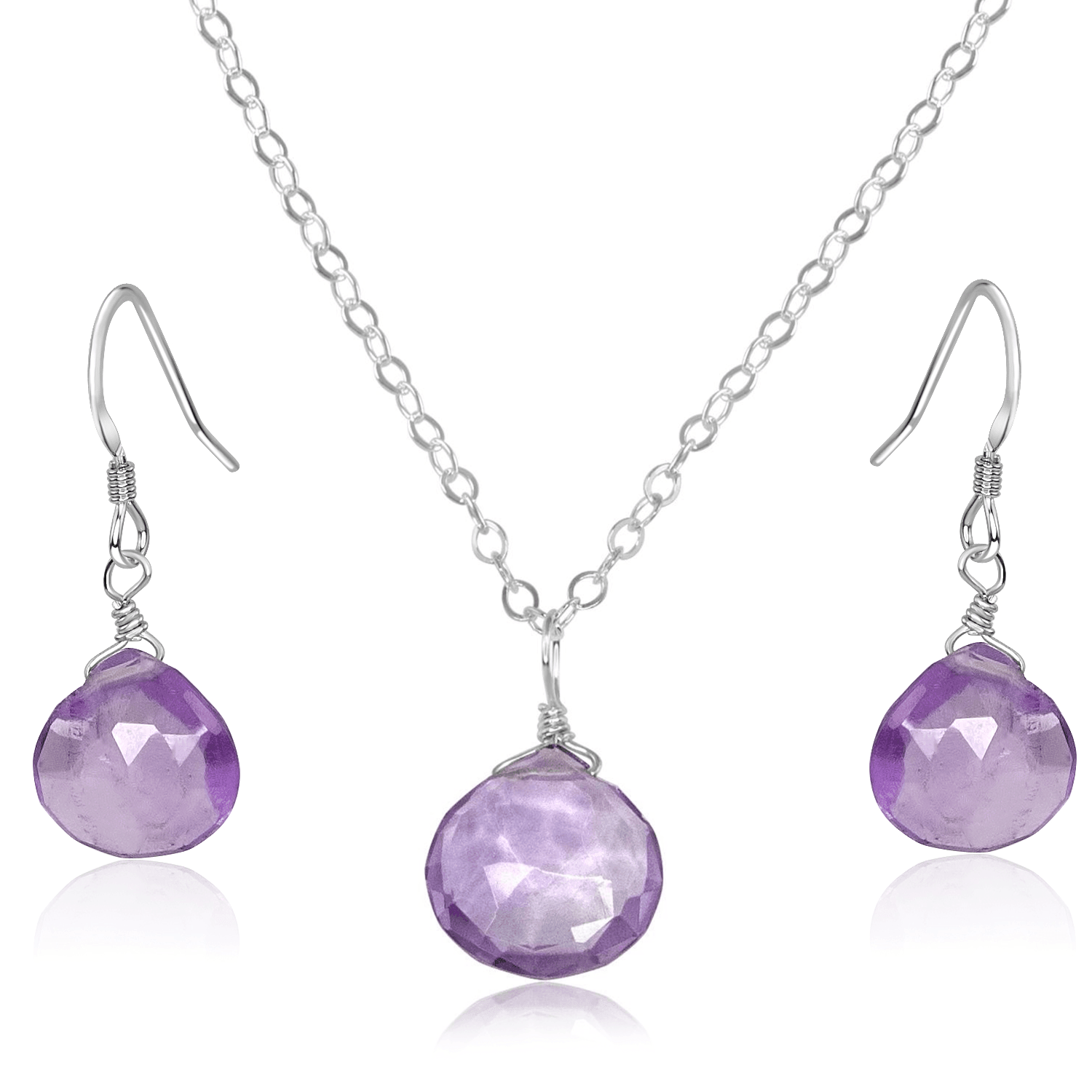 Pink Amethyst Tiny Teardrop Earrings & Necklace Set - Pink Amethyst Tiny Teardrop Earrings & Necklace Set - Sterling Silver / Cable - Luna Tide Handmade Crystal Jewellery