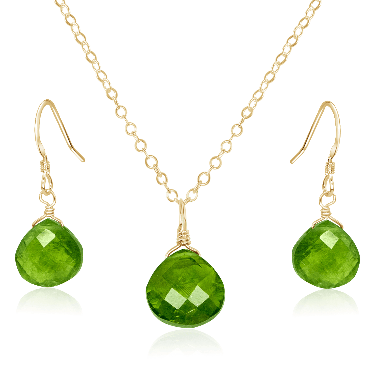 Peridot Tiny Teardrop Earrings & Necklace Set - Peridot Tiny Teardrop Earrings & Necklace Set - 14k Gold Fill / Cable - Luna Tide Handmade Crystal Jewellery