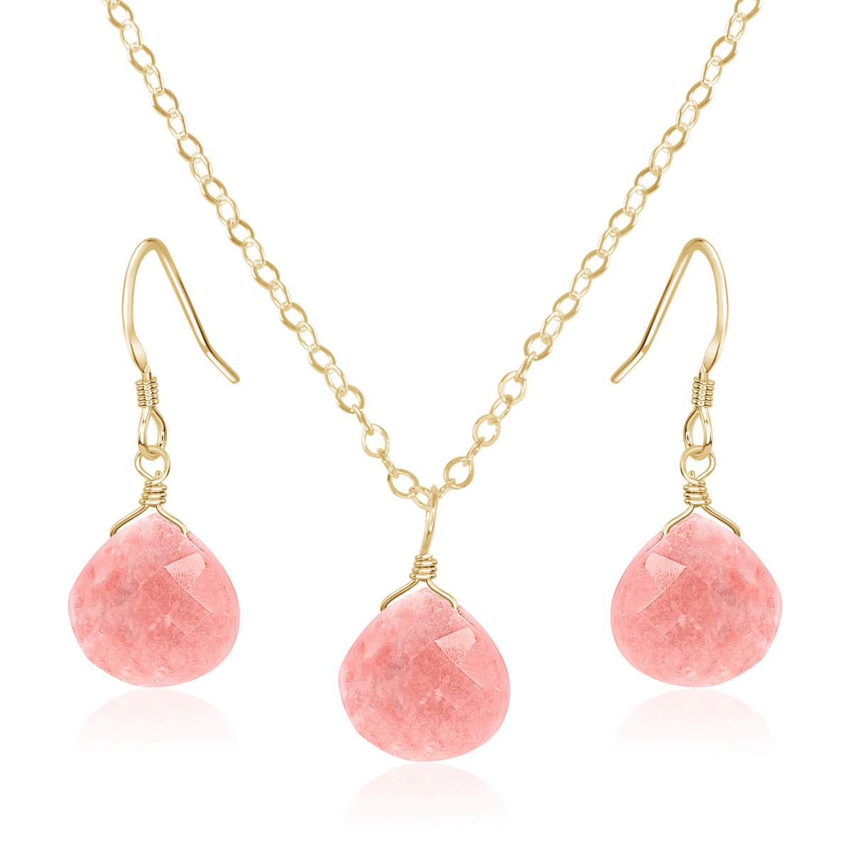 Pink Peruvian Opal Tiny Teardrop Earrings & Necklace Set