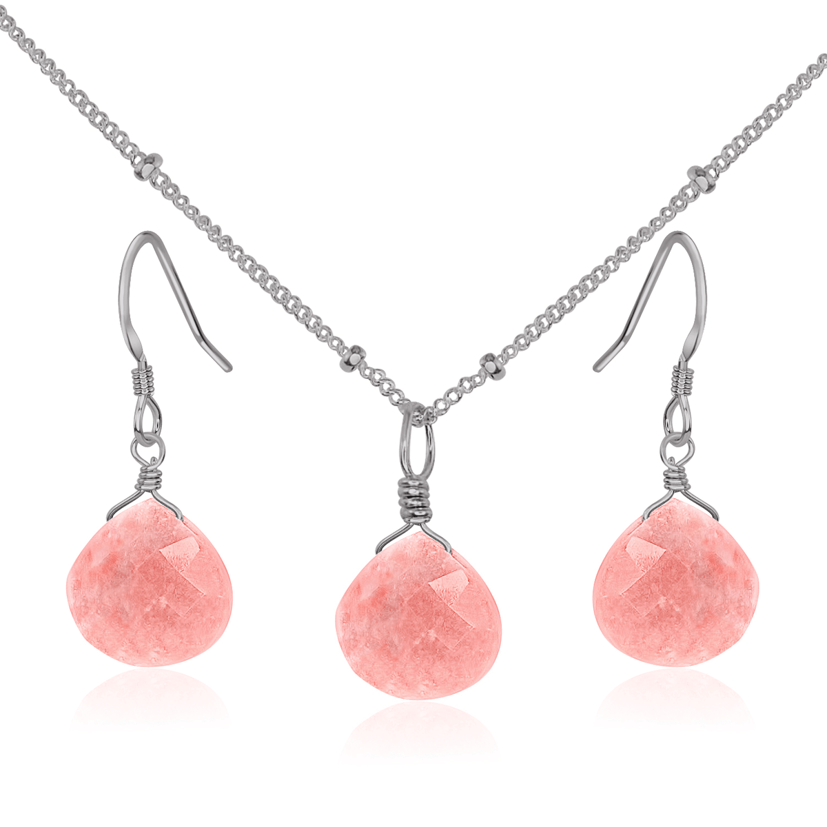 Pink Peruvian Opal Tiny Teardrop Earrings & Necklace Set