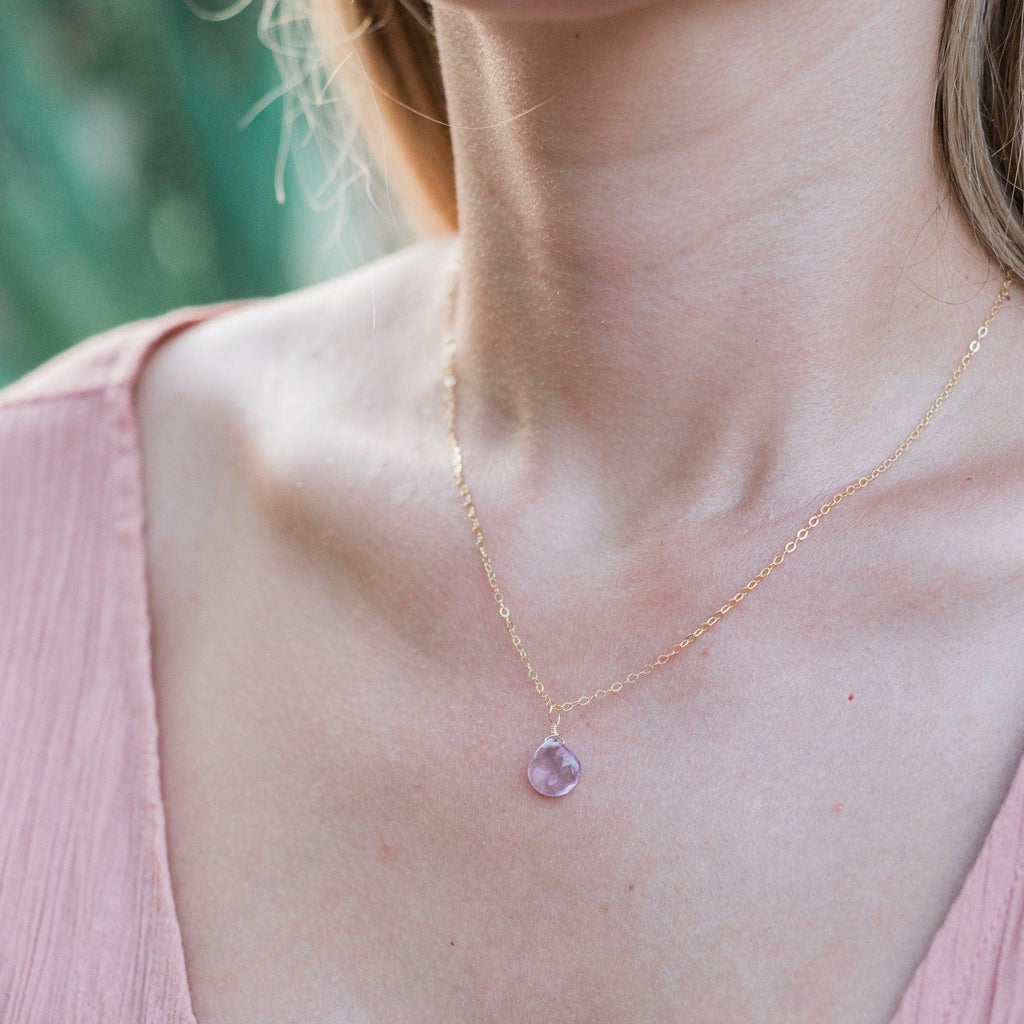 Pink Amethyst Tiny Teardrop Earrings & Necklace Set - Pink Amethyst Tiny Teardrop Earrings & Necklace Set - 14k Gold Fill / Cable - Luna Tide Handmade Crystal Jewellery