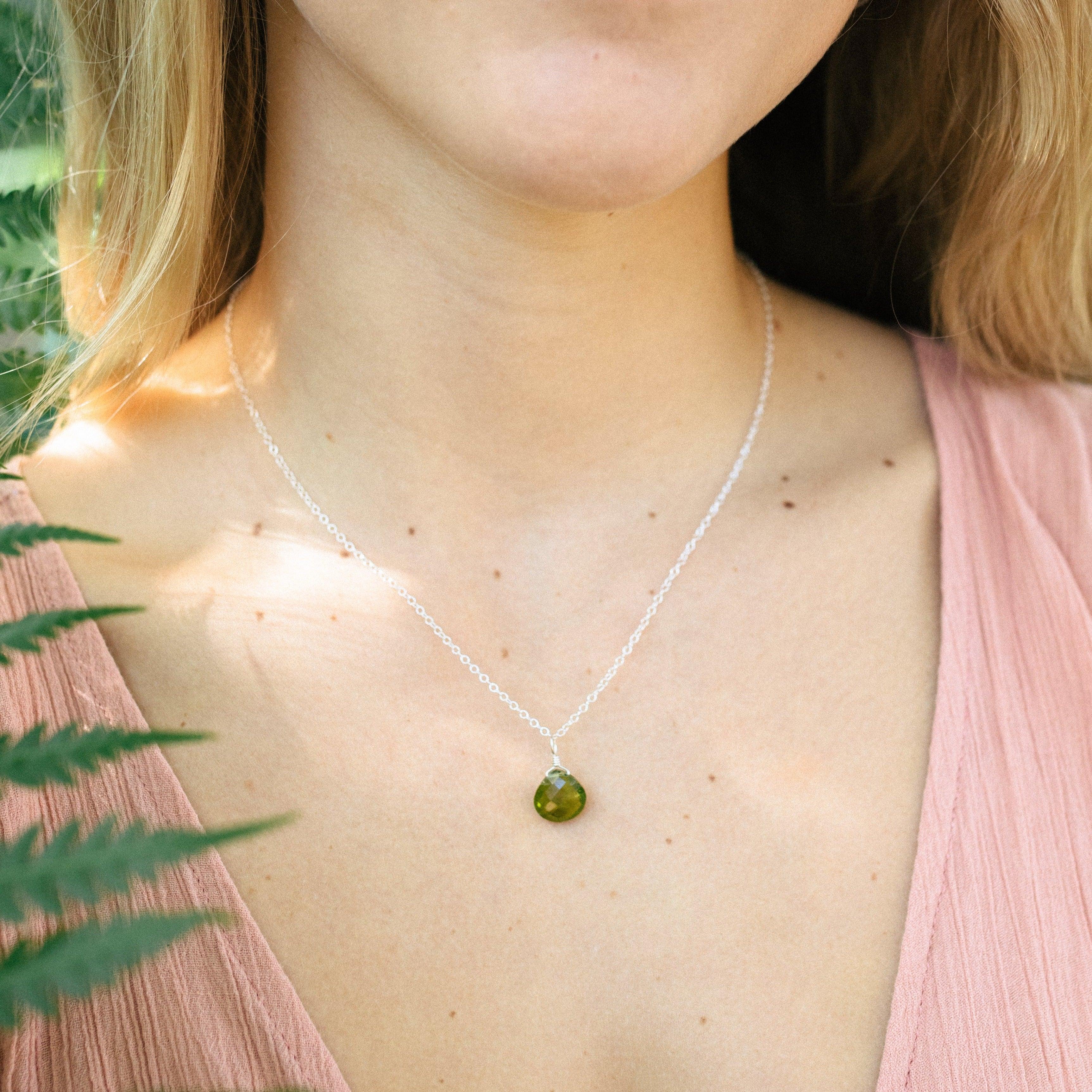 Peridot Tiny Teardrop Earrings & Necklace Set - Peridot Tiny Teardrop Earrings & Necklace Set - Sterling Silver / Cable - Luna Tide Handmade Crystal Jewellery