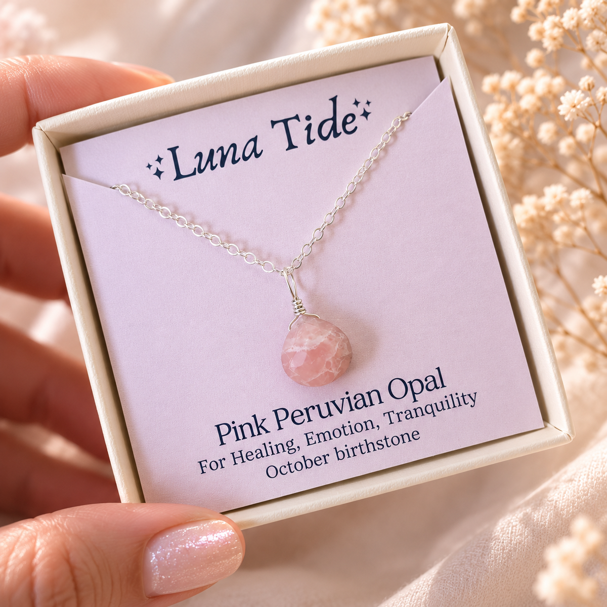 Tiny Pink Peruvian Opal Teardrop Crystal Pendant Necklace