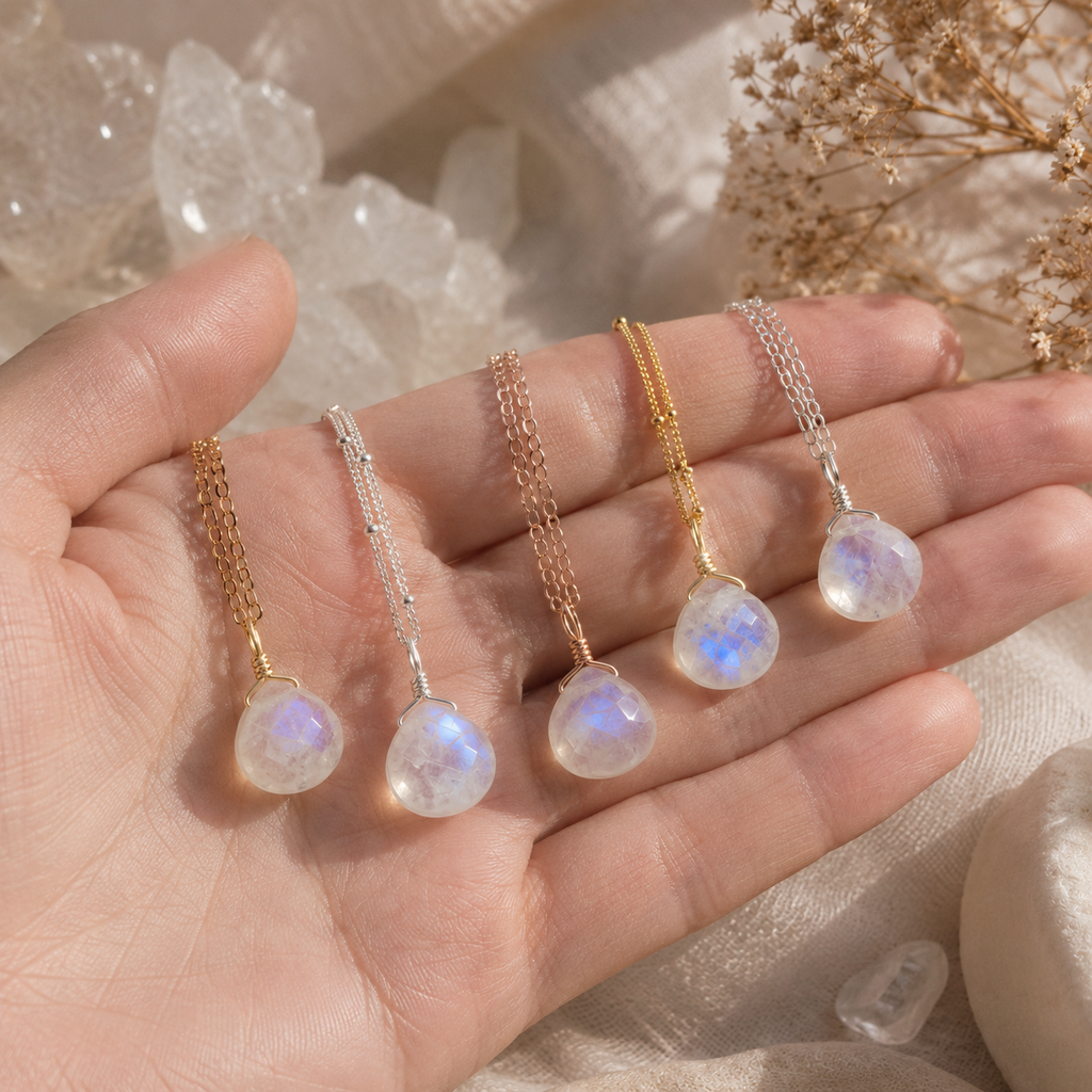 Tiny Rainbow Moonstone Teardrop Crystal Pendant Necklace