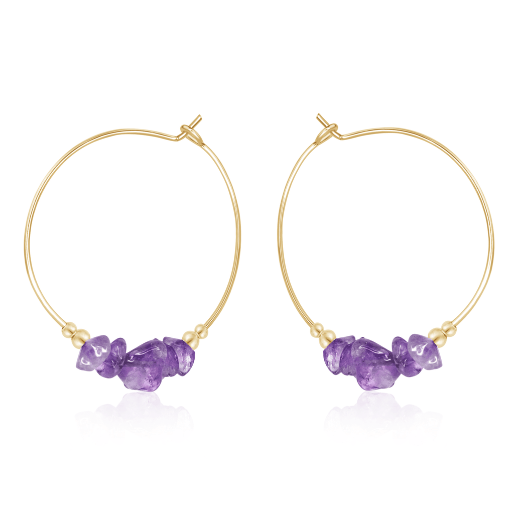 Amethyst Crystal Chip Large Hoop Earrings - Amethyst Crystal Chip Large Hoop Earrings - 14k Gold Fill - Luna Tide Handmade Crystal Jewellery