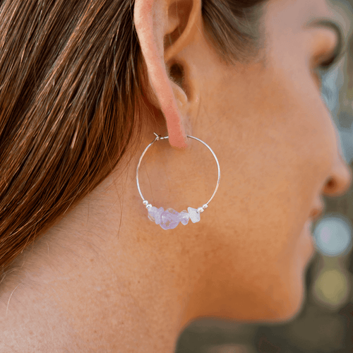 Amethyst Crystal Chip Large Hoop Earrings - Amethyst Crystal Chip Large Hoop Earrings - Sterling Silver - Luna Tide Handmade Crystal Jewellery