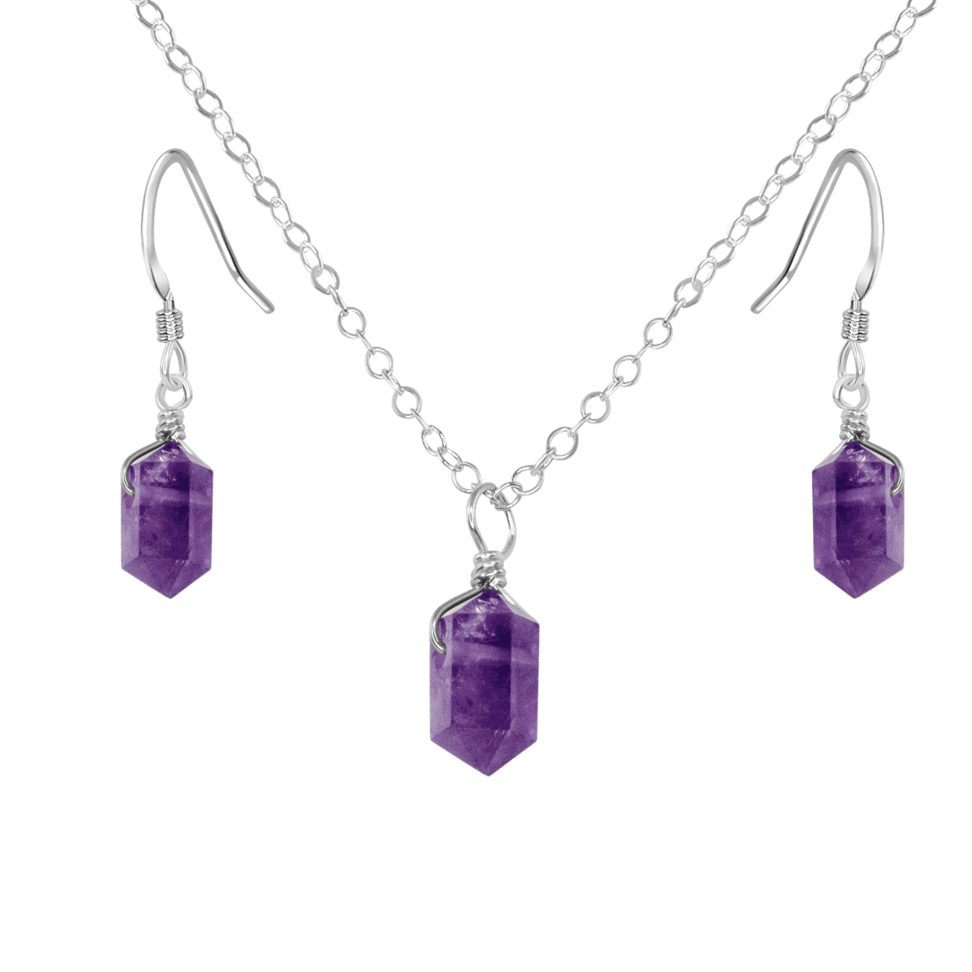 Amethyst Mini Double Terminated Crystal Point Earrings & Necklace Set - Amethyst Mini Double Terminated Crystal Point Earrings & Necklace Set - Sterling Silver - Luna Tide Handmade Crystal Jewellery