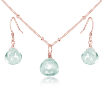 Aquamarine Tiny Teardrop Earrings & Necklace Set - Aquamarine Tiny Teardrop Earrings & Necklace Set - 14k Rose Gold Fill / Satellite - Luna Tide Handmade Crystal Jewellery