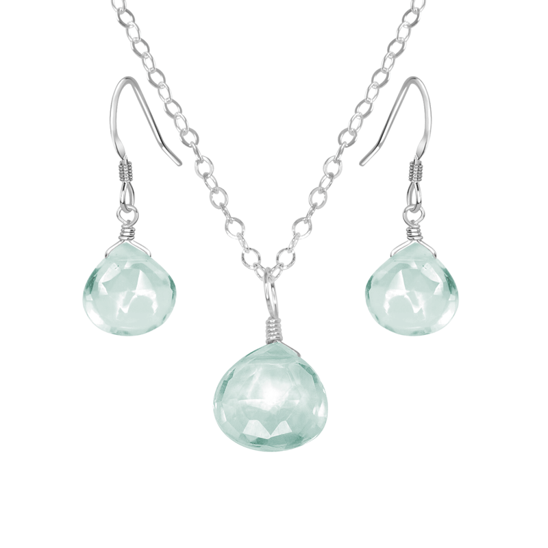 Aquamarine Tiny Teardrop Earrings & Necklace Set - Aquamarine Tiny Teardrop Earrings & Necklace Set - Sterling Silver / Cable - Luna Tide Handmade Crystal Jewellery