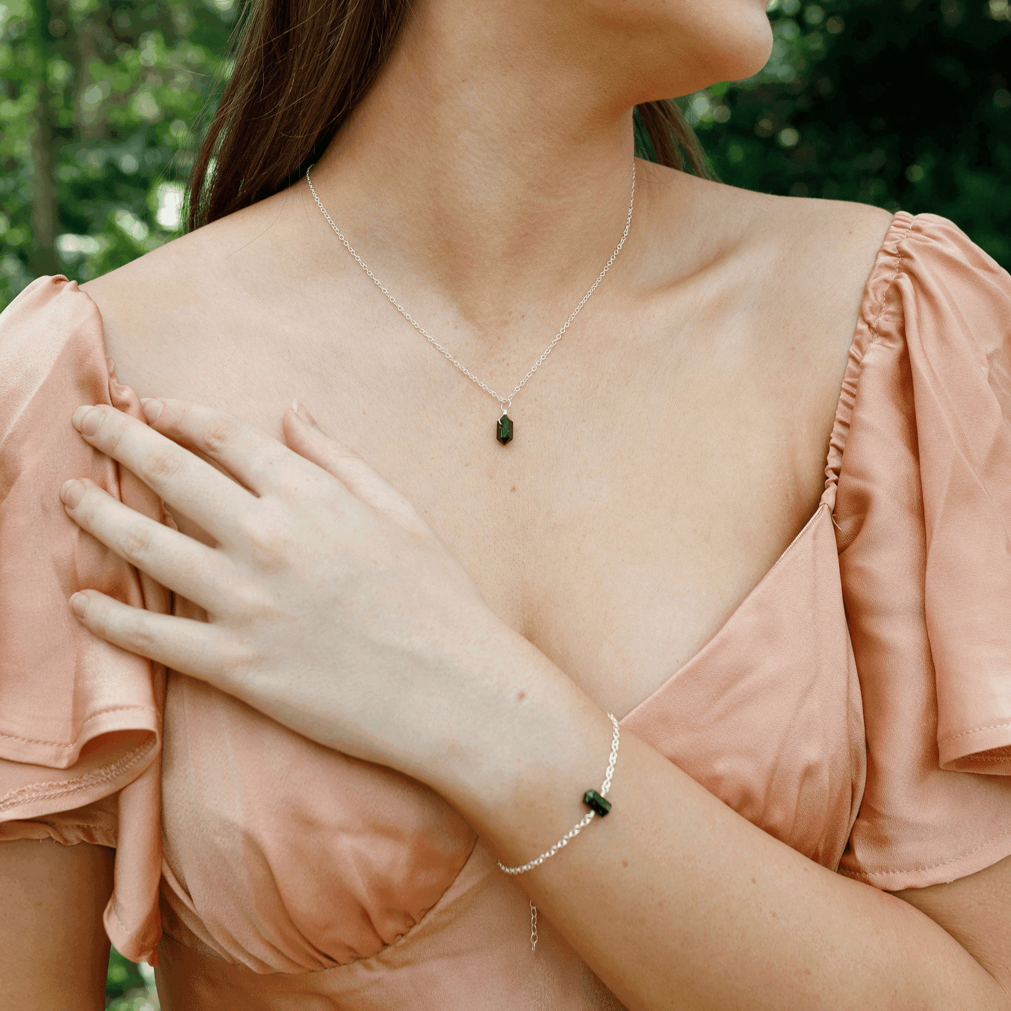 Black Tourmaline Double Terminated Crystal Necklace & Bracelet Set - Black Tourmaline Double Terminated Crystal Necklace & Bracelet Set - Sterling Silver - Luna Tide Handmade Crystal Jewellery