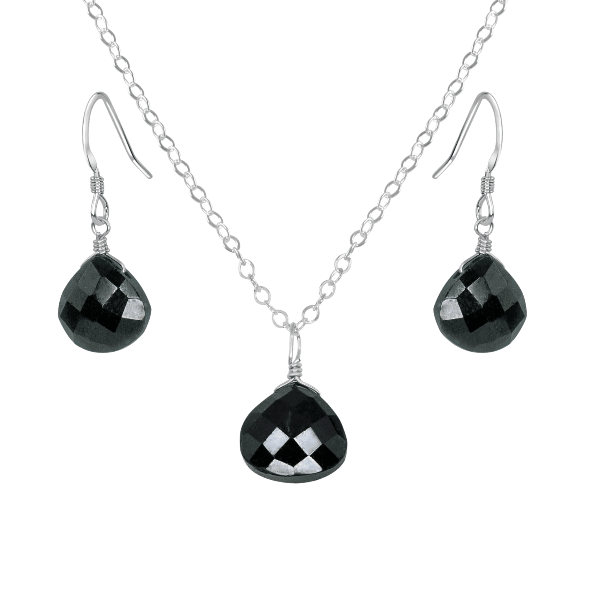 Black Tourmaline Tiny Teardrop Earrings & Necklace Set - Black Tourmaline Tiny Teardrop Earrings & Necklace Set - Sterling Silver / Cable - Luna Tide Handmade Crystal Jewellery