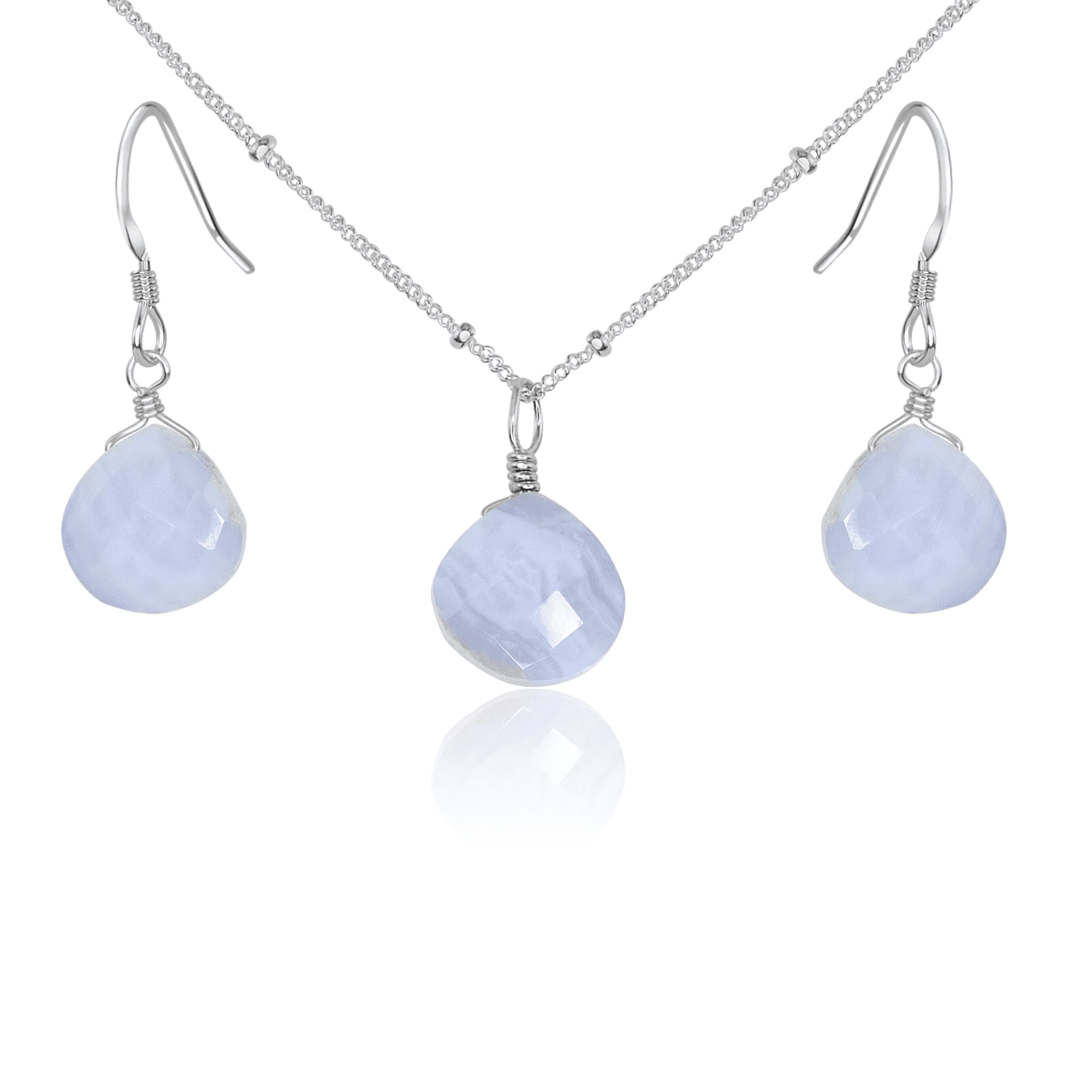 Blue Lace Agate Tiny Teardrop Earrings & Necklace Set - Blue Lace Agate Tiny Teardrop Earrings & Necklace Set - Sterling Silver / Satellite - Luna Tide Handmade Crystal Jewellery