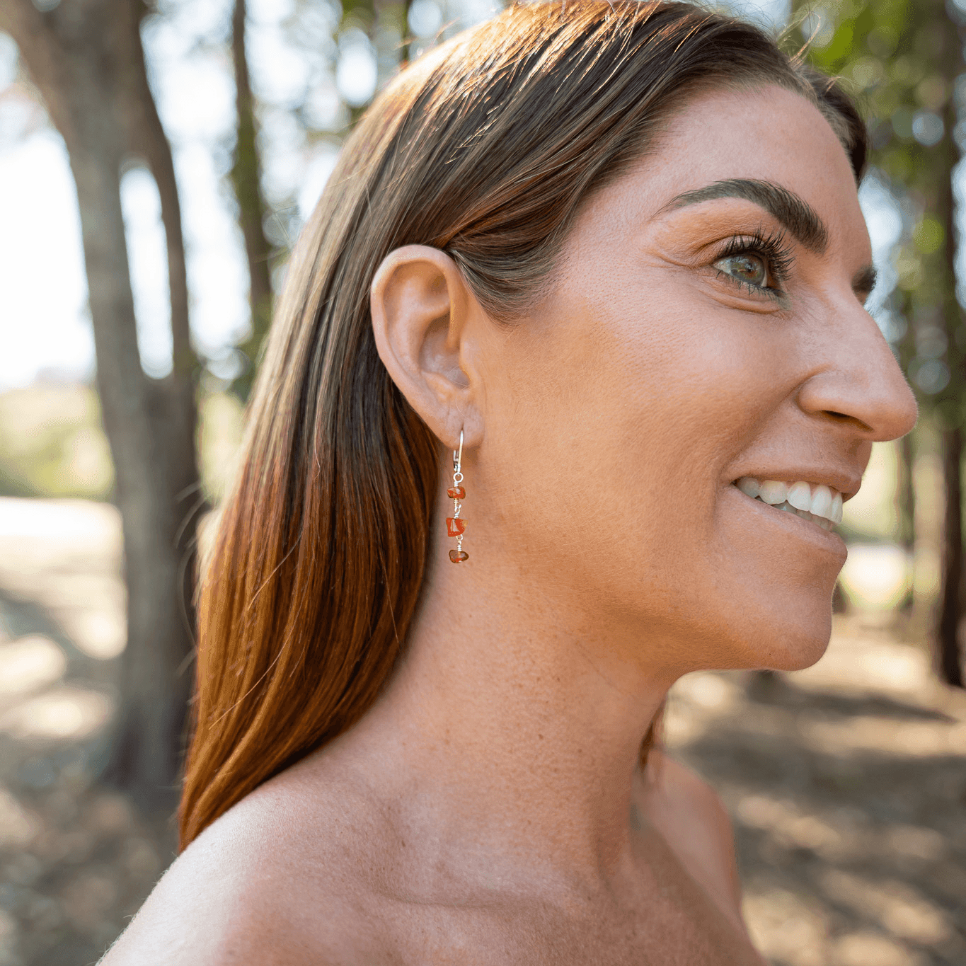 Carnelian Crystal Beaded Chain Dangle Leverback Earrings - Carnelian Crystal Beaded Chain Dangle Leverback Earrings - Sterling Silver - Luna Tide Handmade Crystal Jewellery