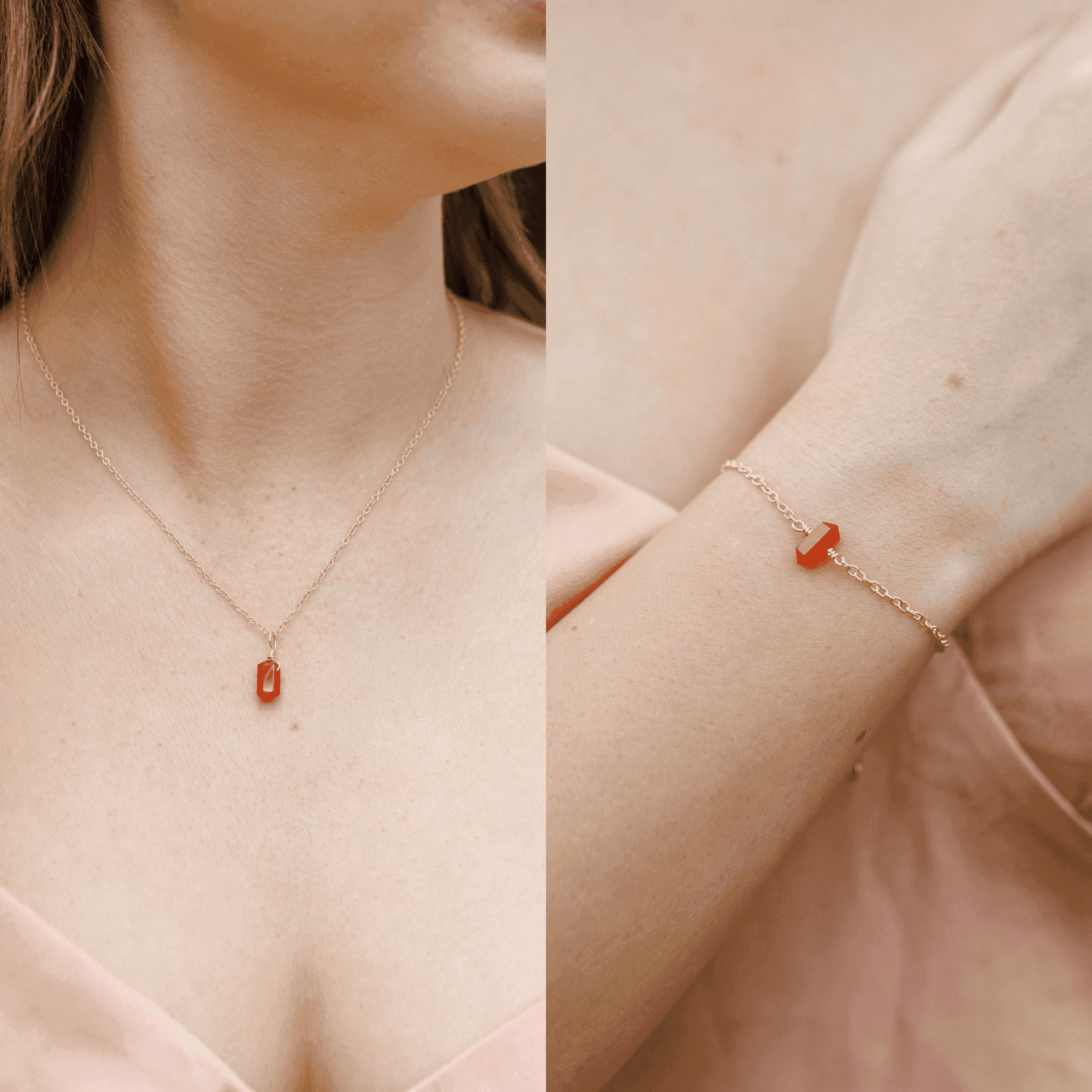 Carnelian Double Terminated Crystal Necklace & Bracelet Set - Carnelian Double Terminated Crystal Necklace & Bracelet Set - 14k Gold Fill - Luna Tide Handmade Crystal Jewellery