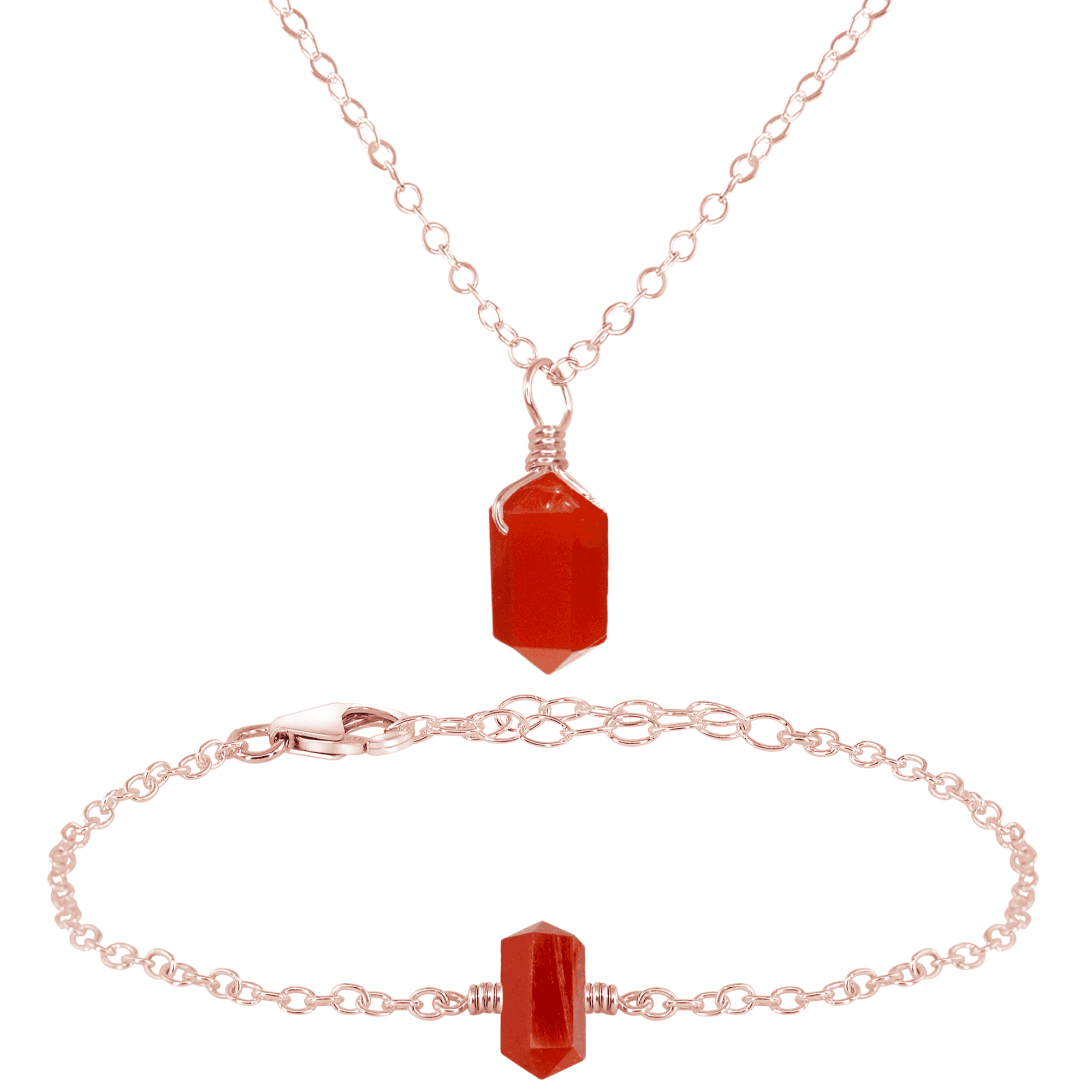 Carnelian Double Terminated Crystal Necklace & Bracelet Set - Carnelian Double Terminated Crystal Necklace & Bracelet Set - 14k Rose Gold Fill - Luna Tide Handmade Crystal Jewellery