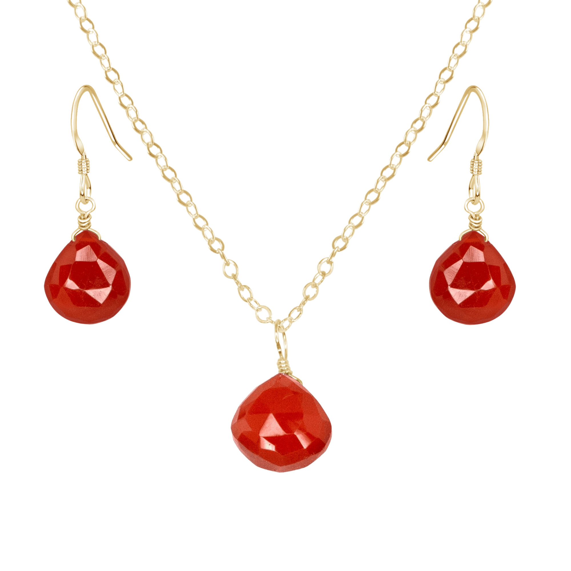 Carnelian Tiny Teardrop Earrings & Necklace Set - Carnelian Tiny Teardrop Earrings & Necklace Set - 14k Gold Fill / Cable - Luna Tide Handmade Crystal Jewellery