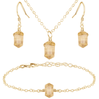 Citrine Double Terminated Crystal Earrings, Necklace & Bracelet Set - Citrine Double Terminated Crystal Earrings, Necklace & Bracelet Set - 14k Gold Fill - Luna Tide Handmade Crystal Jewellery