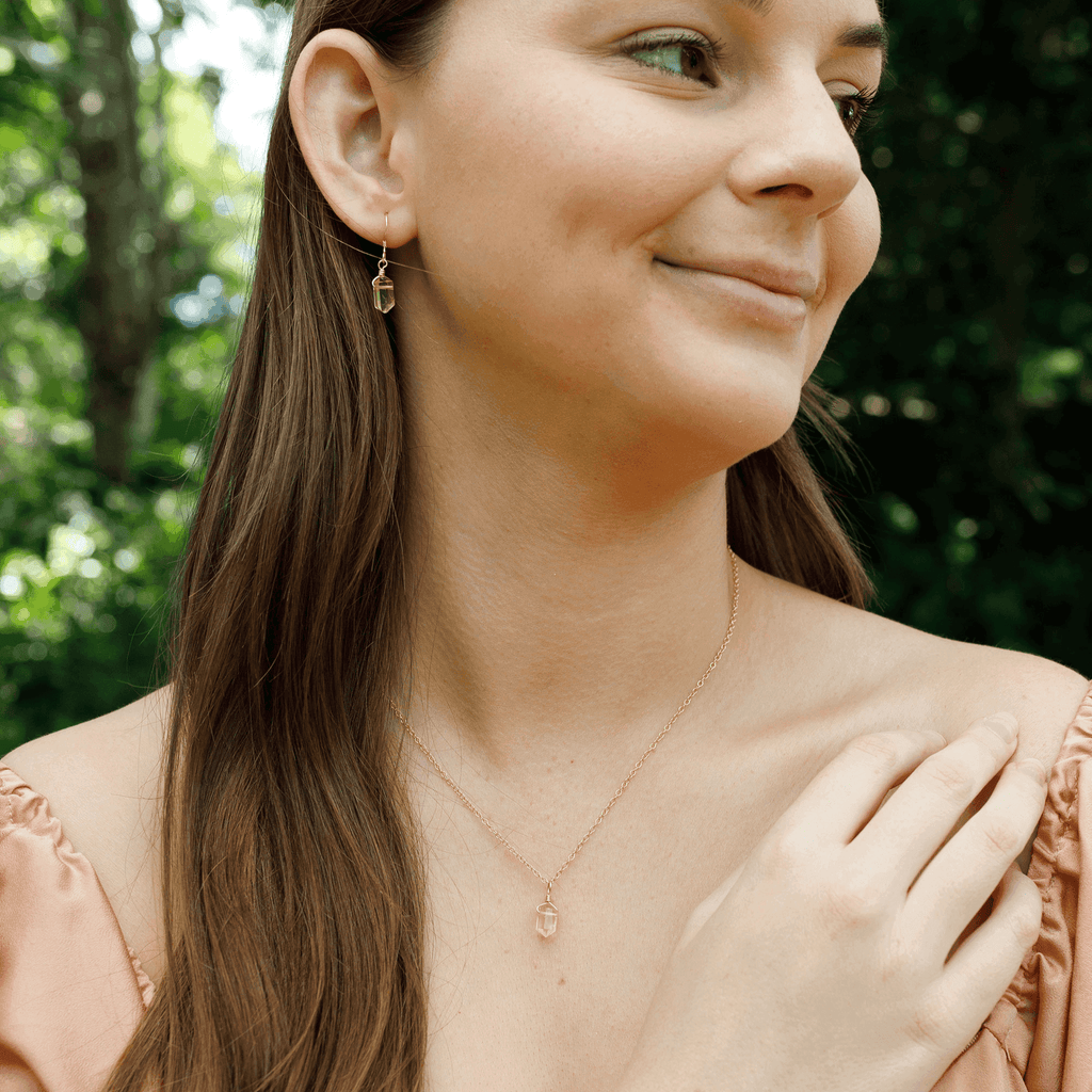 Citrine Mini Double Terminated Crystal Point Earrings & Necklace Set - Citrine Mini Double Terminated Crystal Point Earrings & Necklace Set - 14k Gold Fill - Luna Tide Handmade Crystal Jewellery