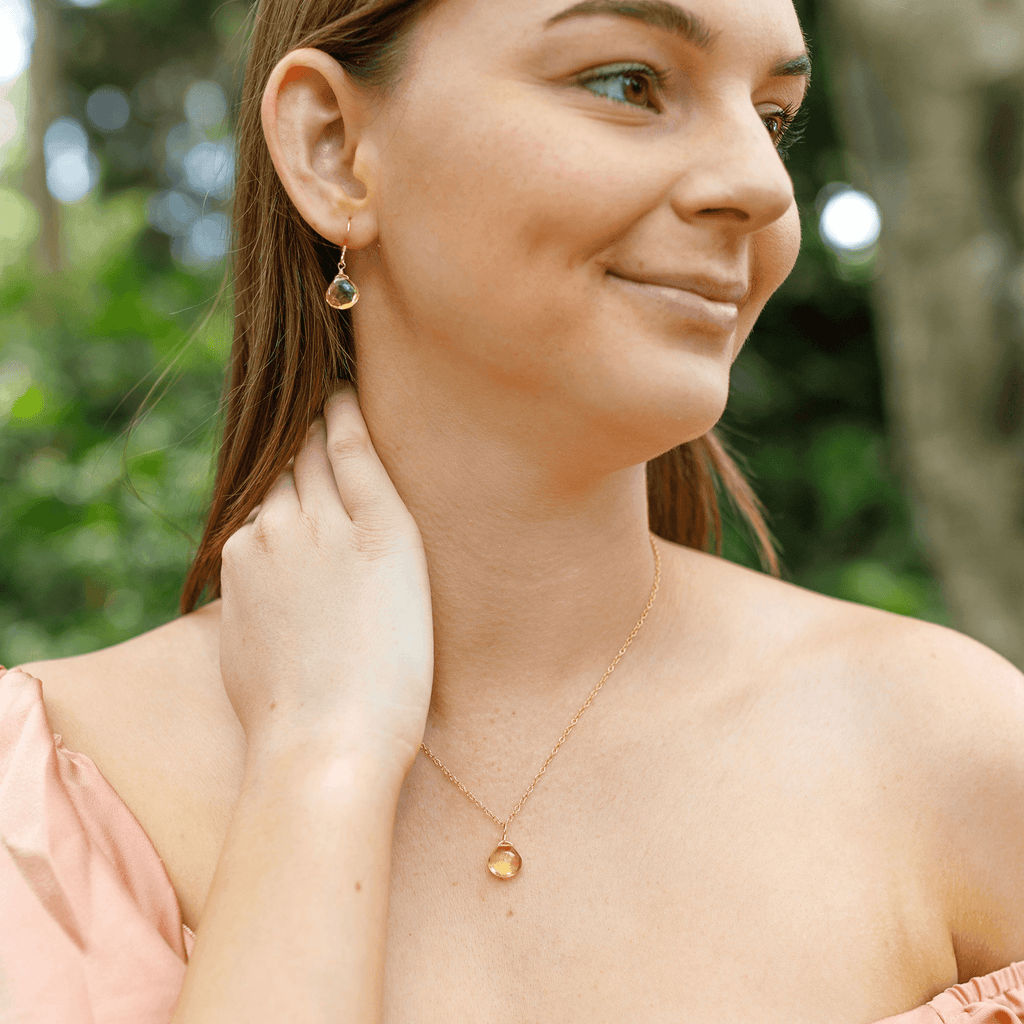 Citrine Tiny Teardrop Earrings & Necklace Set - Citrine Tiny Teardrop Earrings & Necklace Set - 14k Gold Fill / Cable - Luna Tide Handmade Crystal Jewellery
