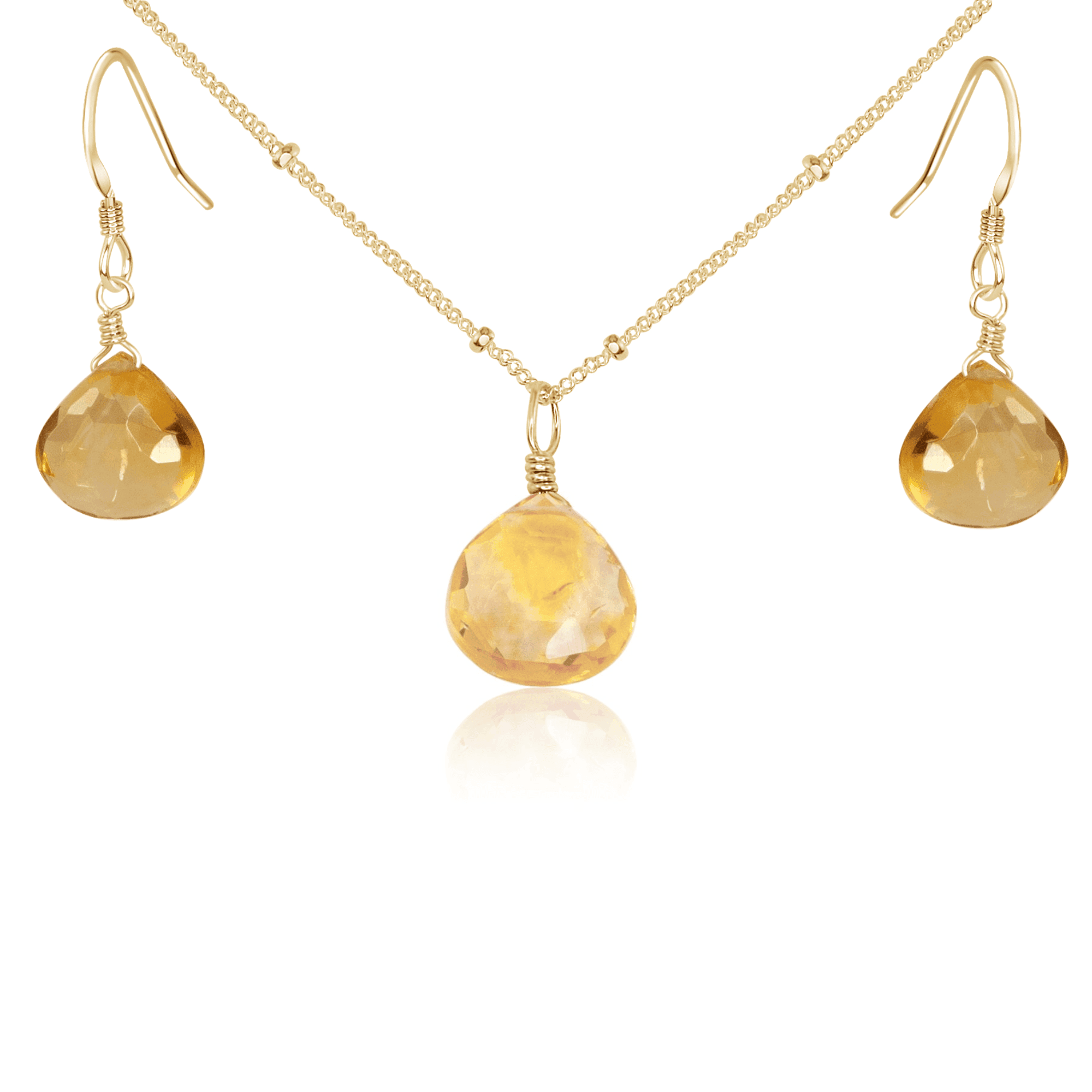 Citrine Tiny Teardrop Earrings & Necklace Set - Citrine Tiny Teardrop Earrings & Necklace Set - 14k Gold Fill / Satellite - Luna Tide Handmade Crystal Jewellery