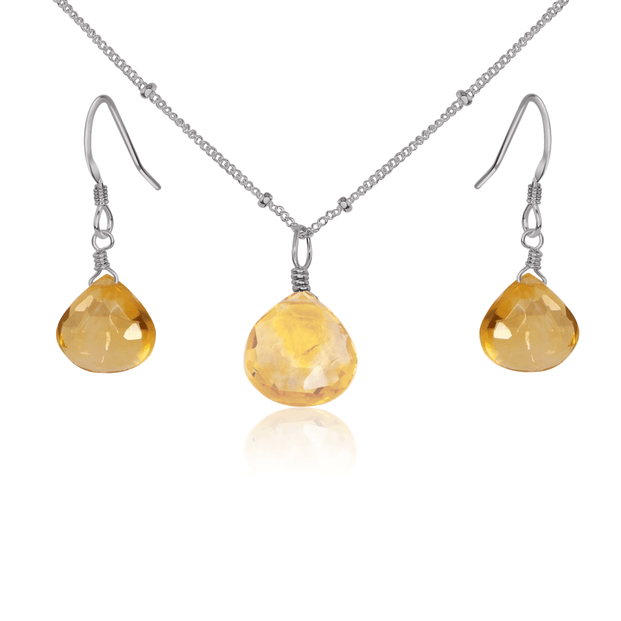 Citrine Tiny Teardrop Earrings & Necklace Set - Citrine Tiny Teardrop Earrings & Necklace Set - Stainless Steel / Satellite - Luna Tide Handmade Crystal Jewellery
