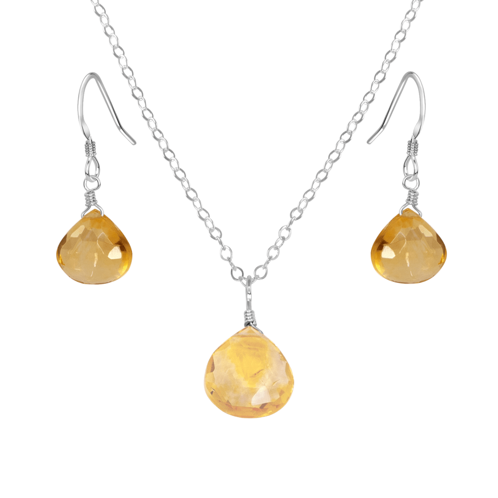 Citrine Tiny Teardrop Earrings & Necklace Set - Citrine Tiny Teardrop Earrings & Necklace Set - Sterling Silver / Cable - Luna Tide Handmade Crystal Jewellery